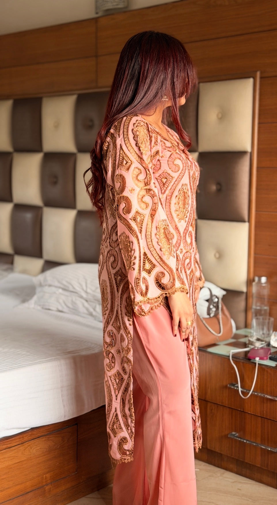 Blush Pink Cutwork Embroidered Luxury Suit Set with Flared Palazzo