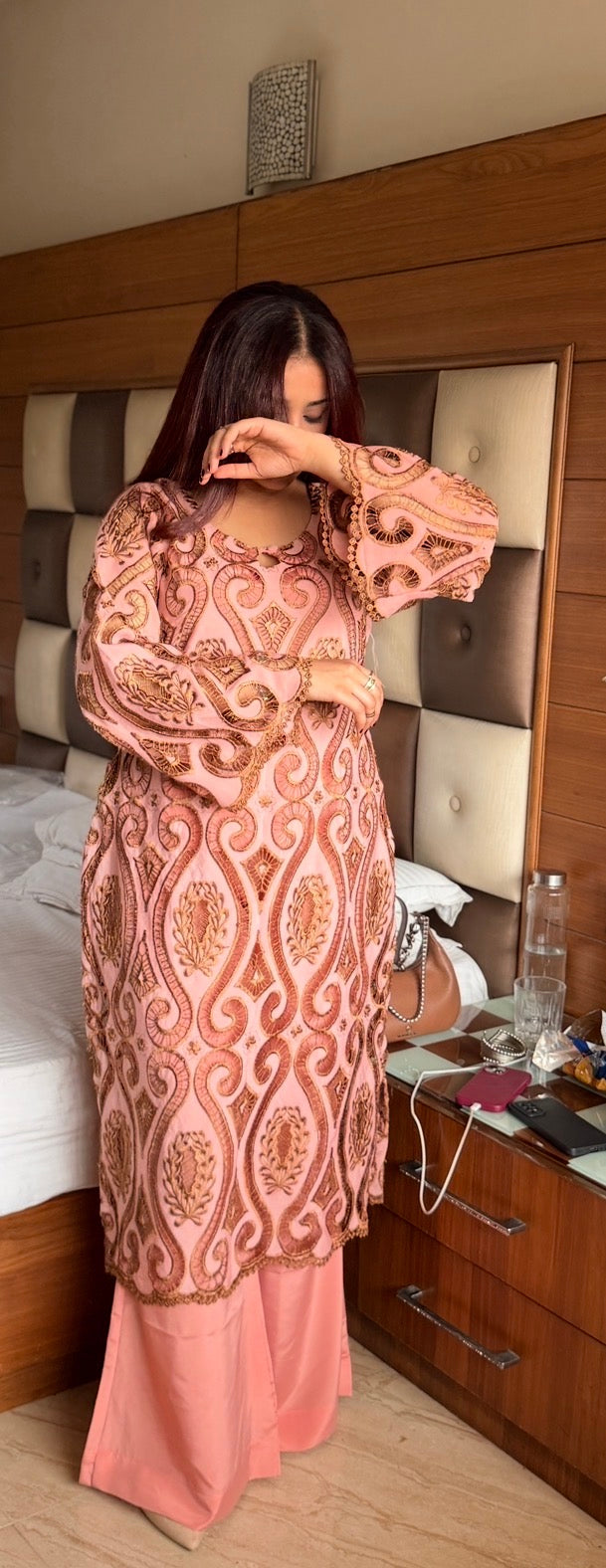Blush Pink Cutwork Embroidered Luxury Suit Set with Flared Palazzo