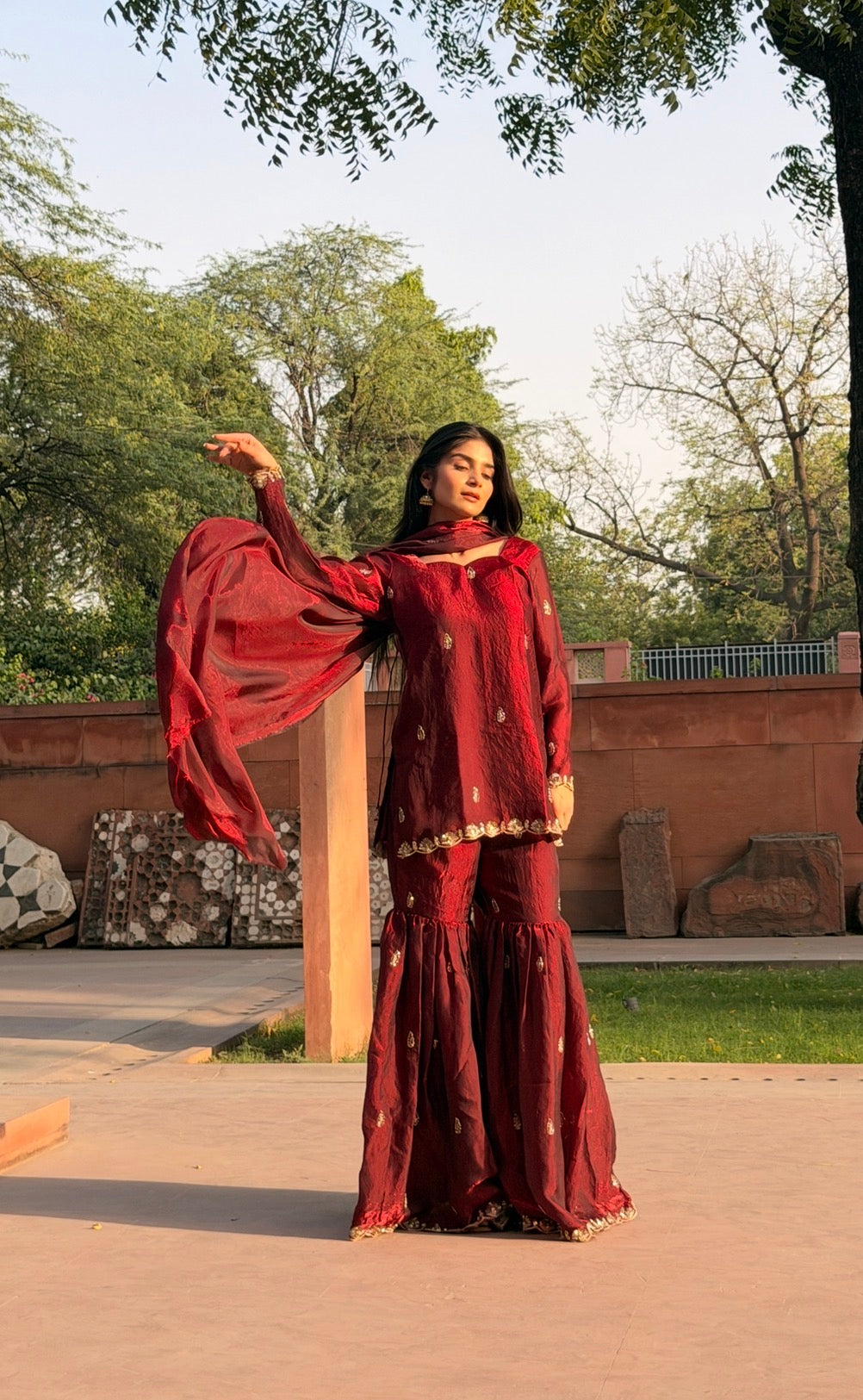 Maroon Fendi 3-Piece Gharara Set with Gold Embroidery & Lace Dupatta