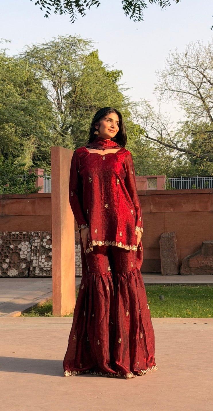 Maroon Fendi 3-Piece Gharara Set with Gold Embroidery & Lace Dupatta