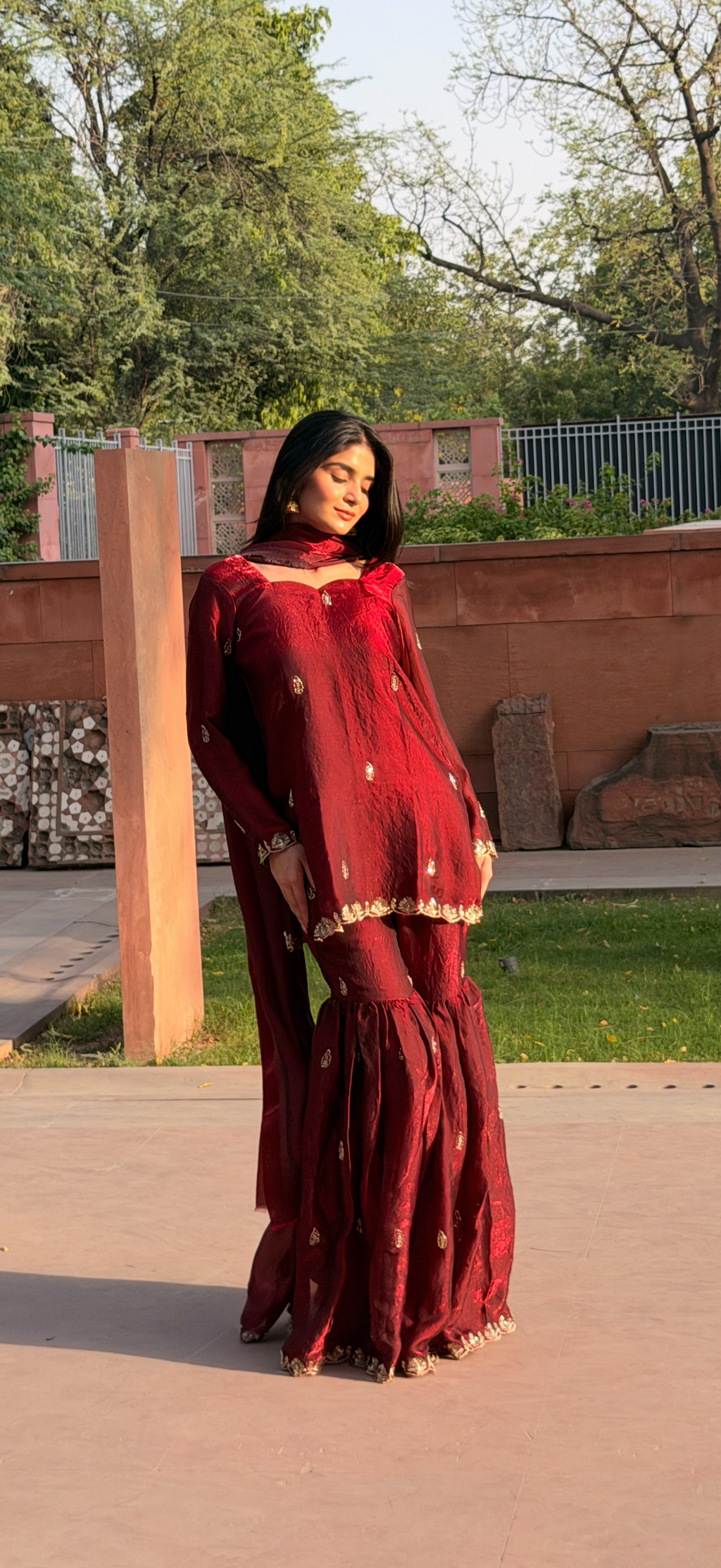 Maroon Fendi 3-Piece Gharara Set with Gold Embroidery & Lace Dupatta