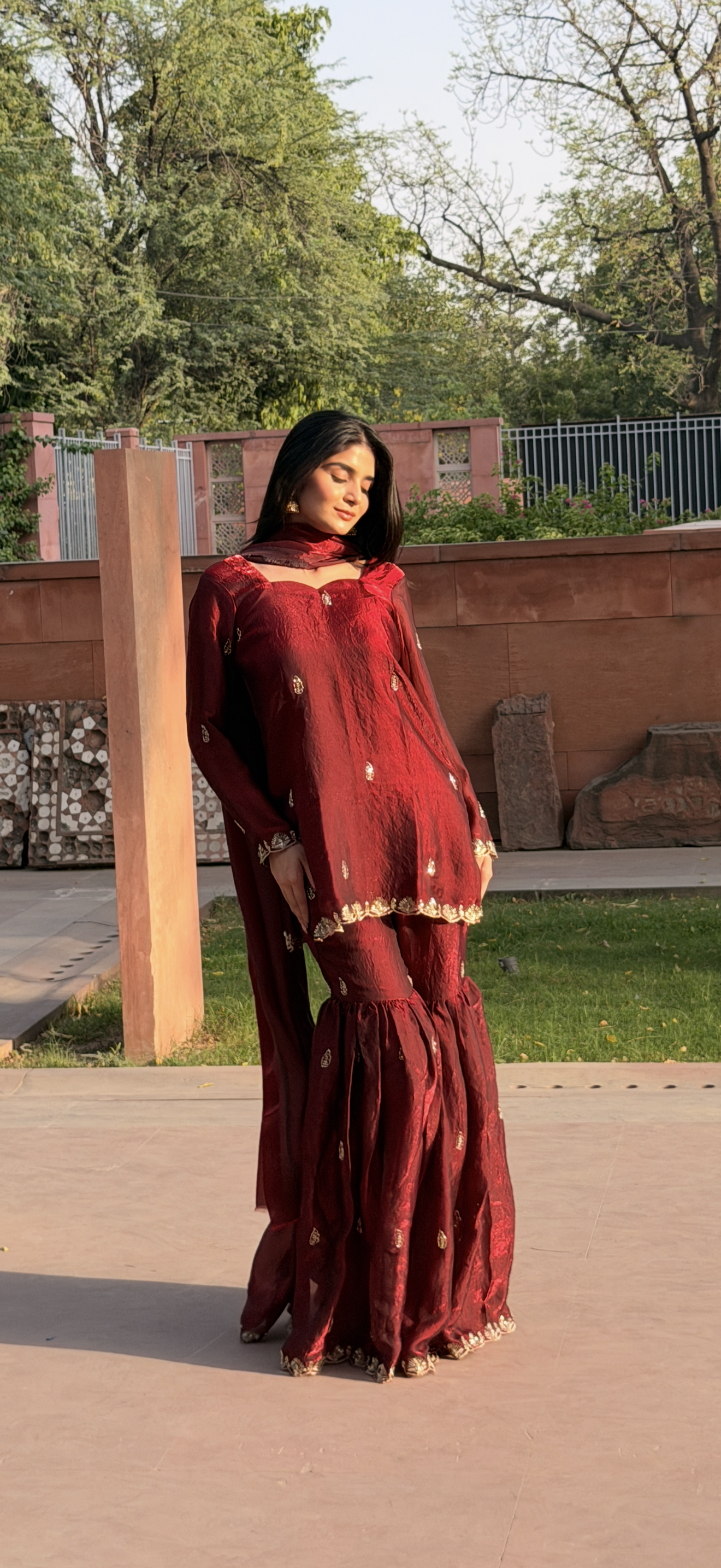 Maroon Fendi 3-Piece Gharara Set with Gold Embroidery & Lace Dupatta