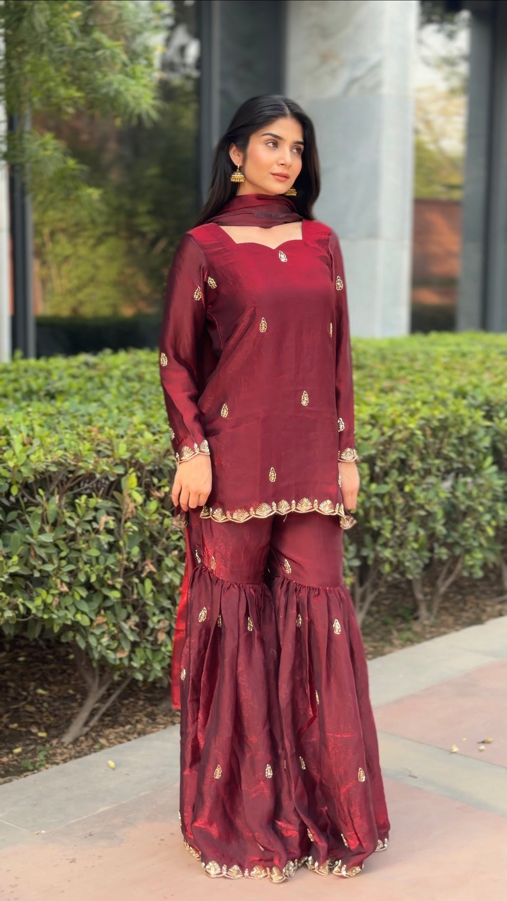 Maroon Fendi 3-Piece Gharara Set with Gold Embroidery & Lace Dupatta