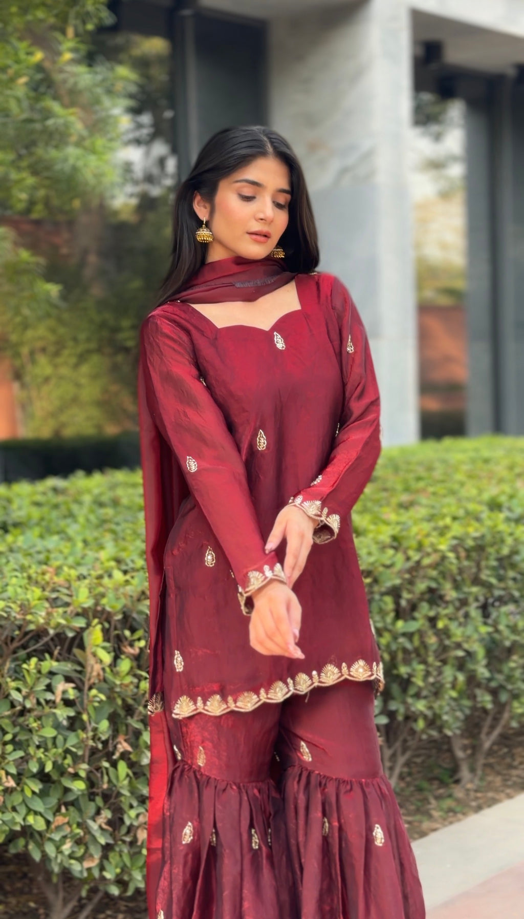 Maroon Fendi 3-Piece Gharara Set with Gold Embroidery & Lace Dupatta