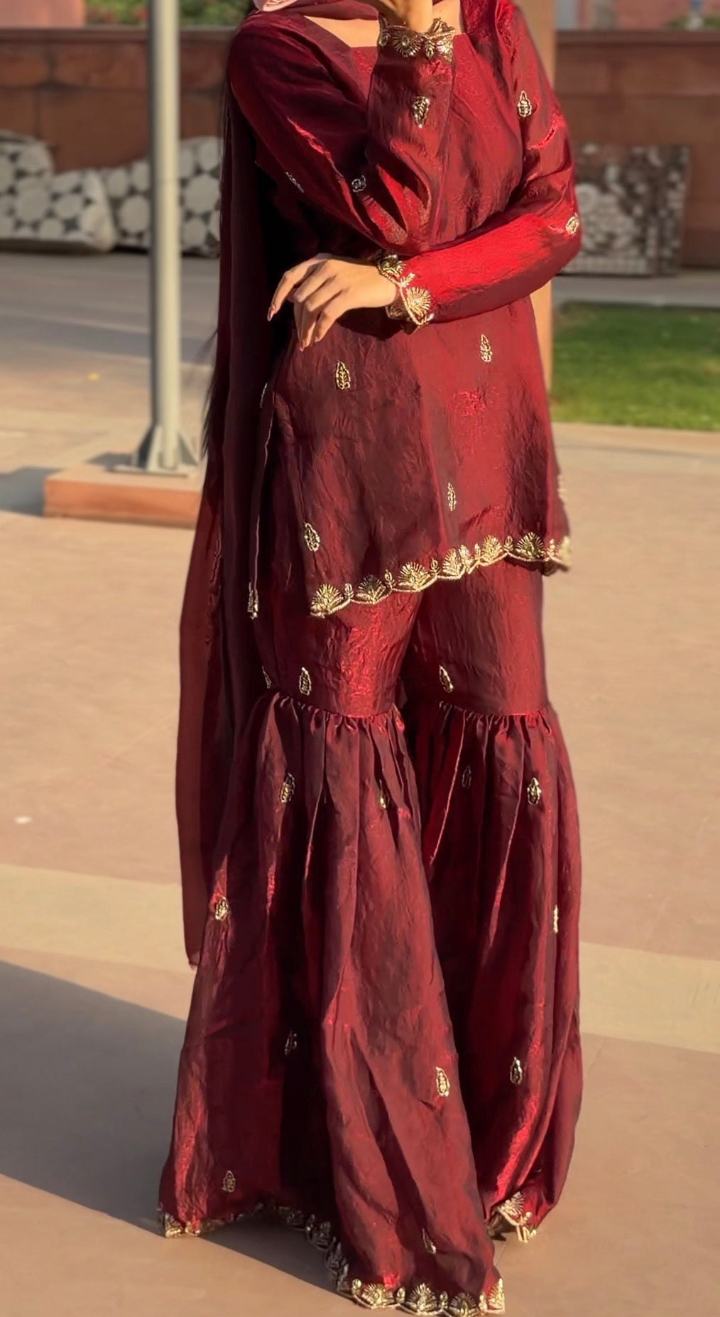Maroon Fendi 3-Piece Gharara Set with Gold Embroidery & Lace Dupatta