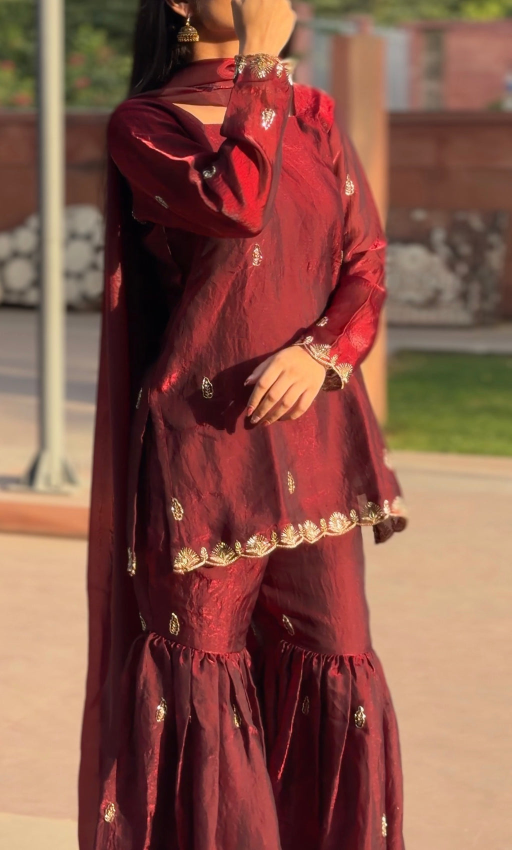Maroon Fendi 3-Piece Gharara Set with Gold Embroidery & Lace Dupatta