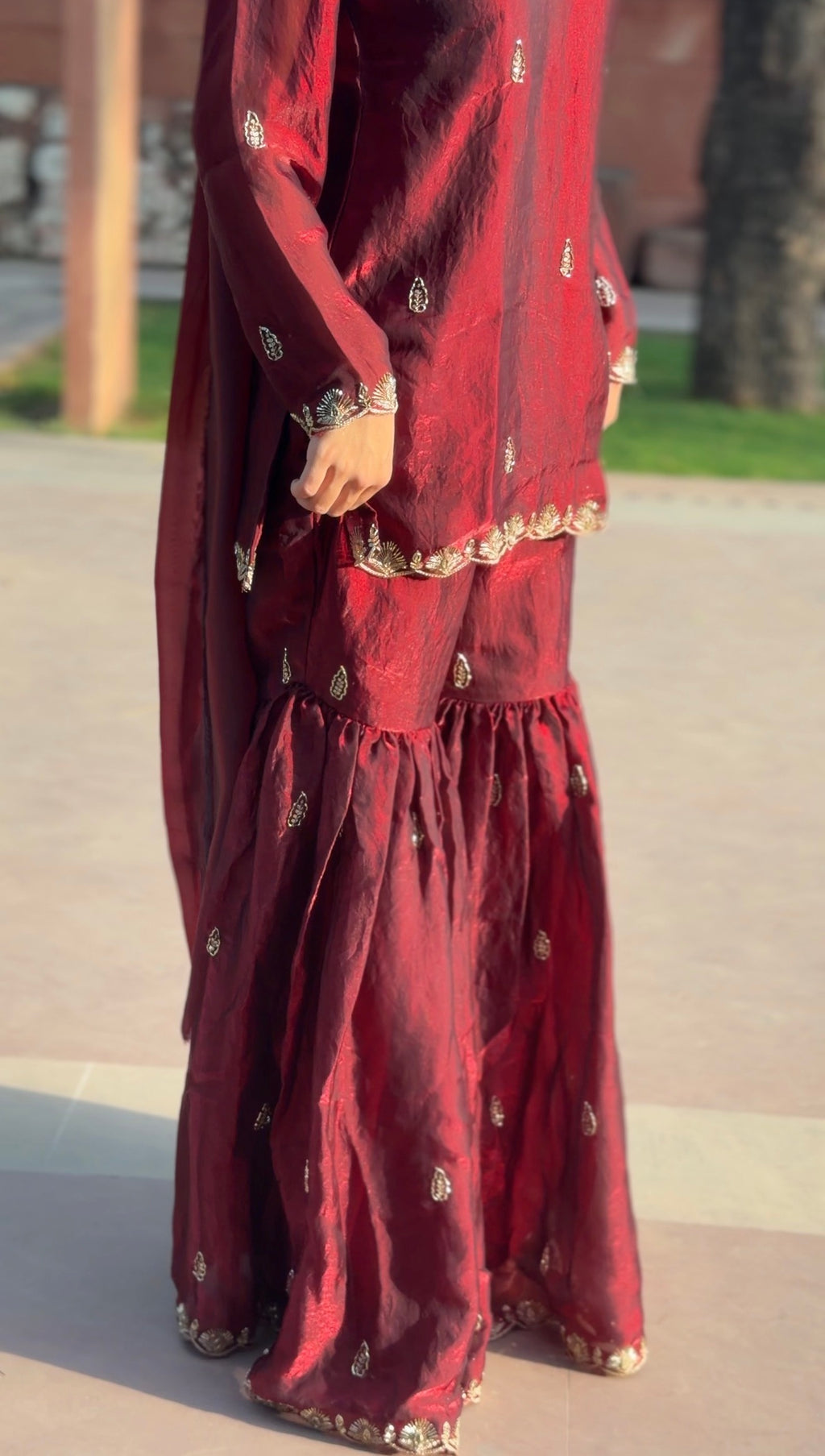 Maroon Fendi 3-Piece Gharara Set with Gold Embroidery & Lace Dupatta
