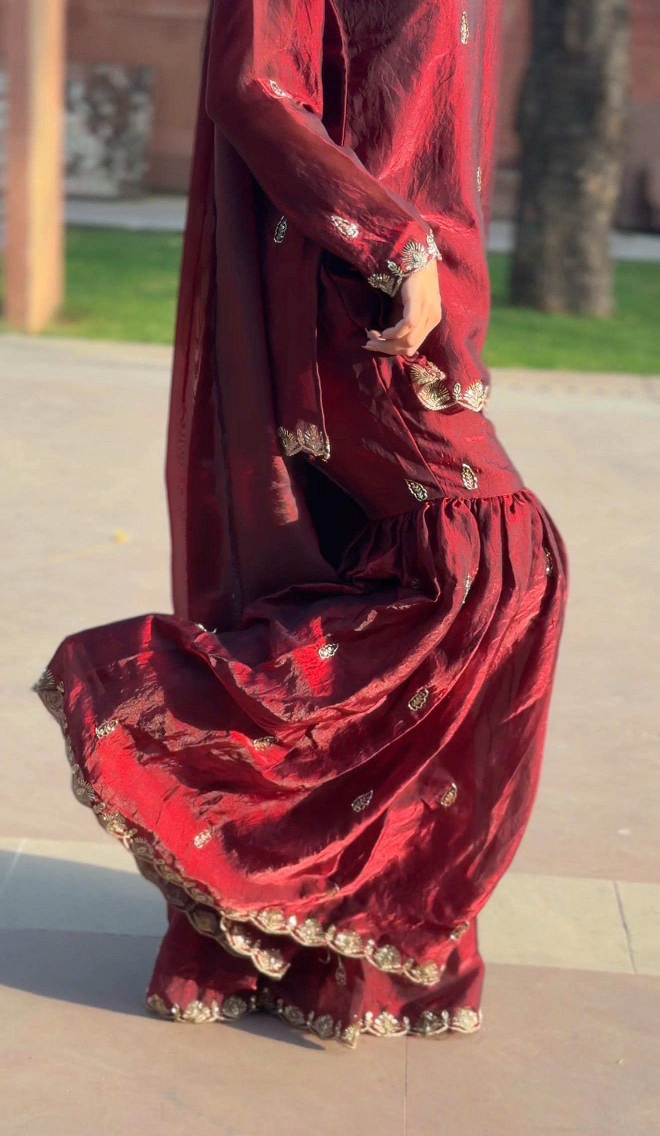 Maroon Fendi 3-Piece Gharara Set with Gold Embroidery & Lace Dupatta