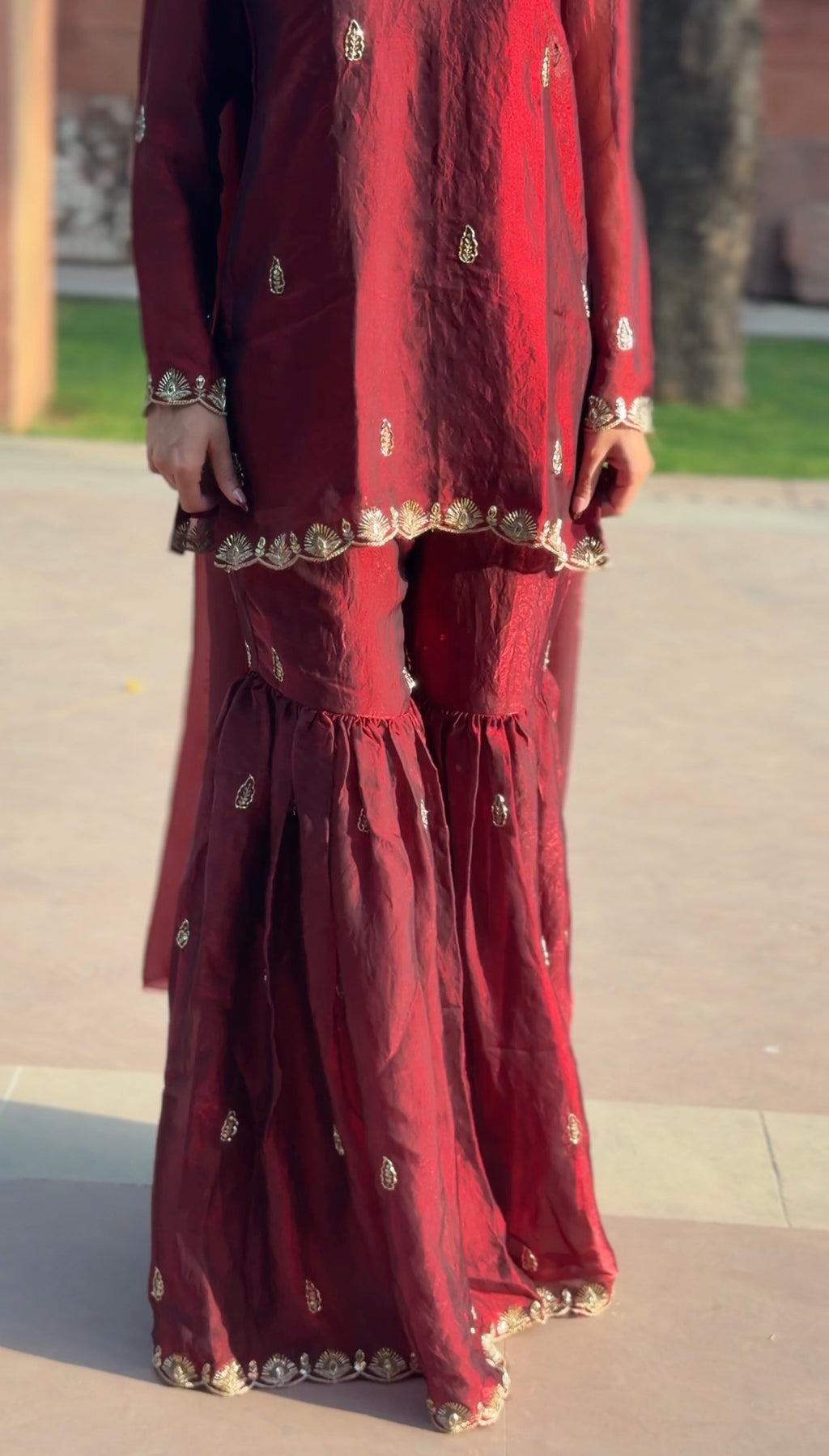 Maroon Fendi 3-Piece Gharara Set with Gold Embroidery & Lace Dupatta