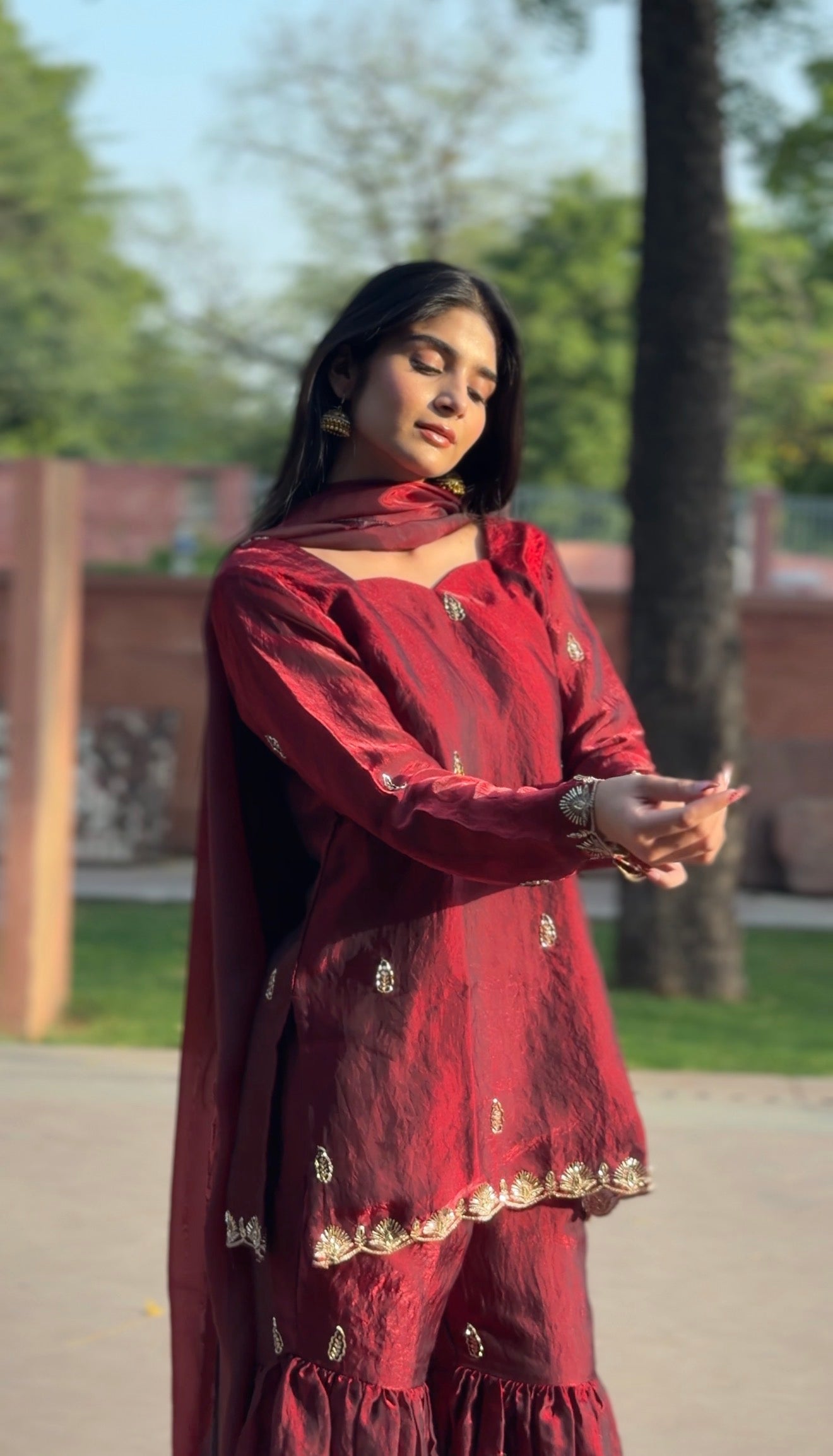 Maroon Fendi 3-Piece Gharara Set with Gold Embroidery & Lace Dupatta