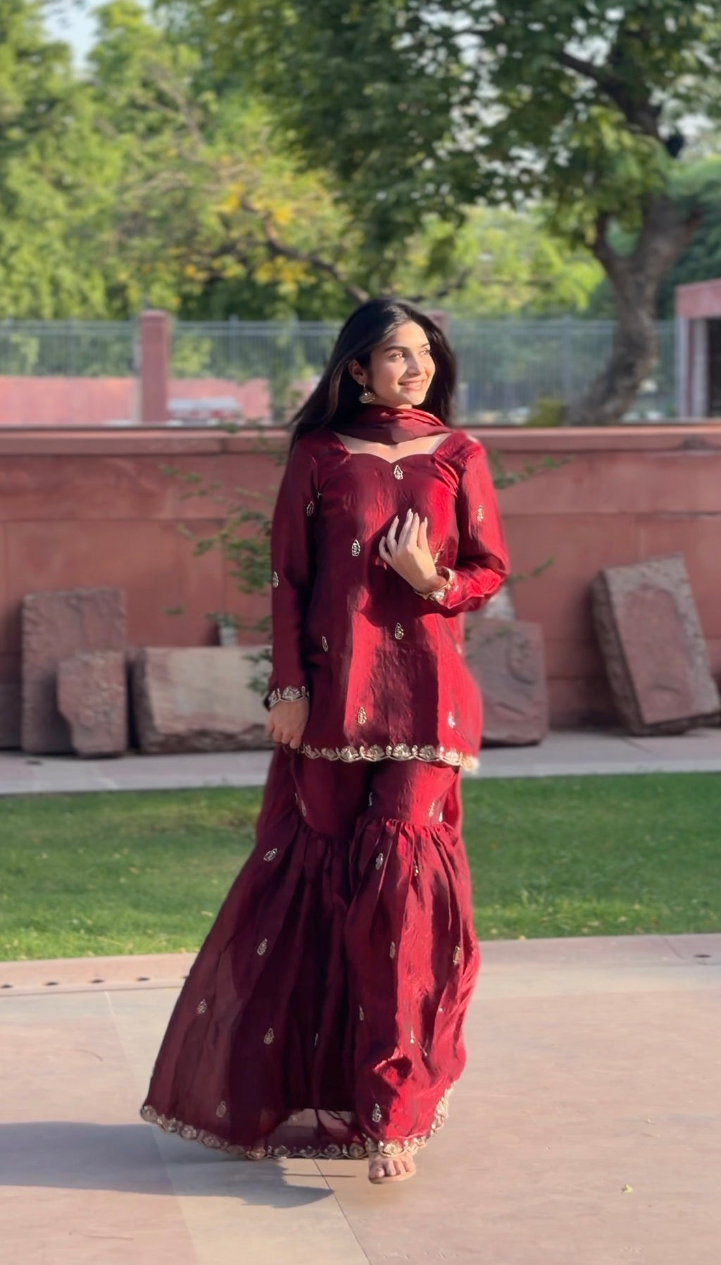 Maroon Fendi 3-Piece Gharara Set with Gold Embroidery & Lace Dupatta