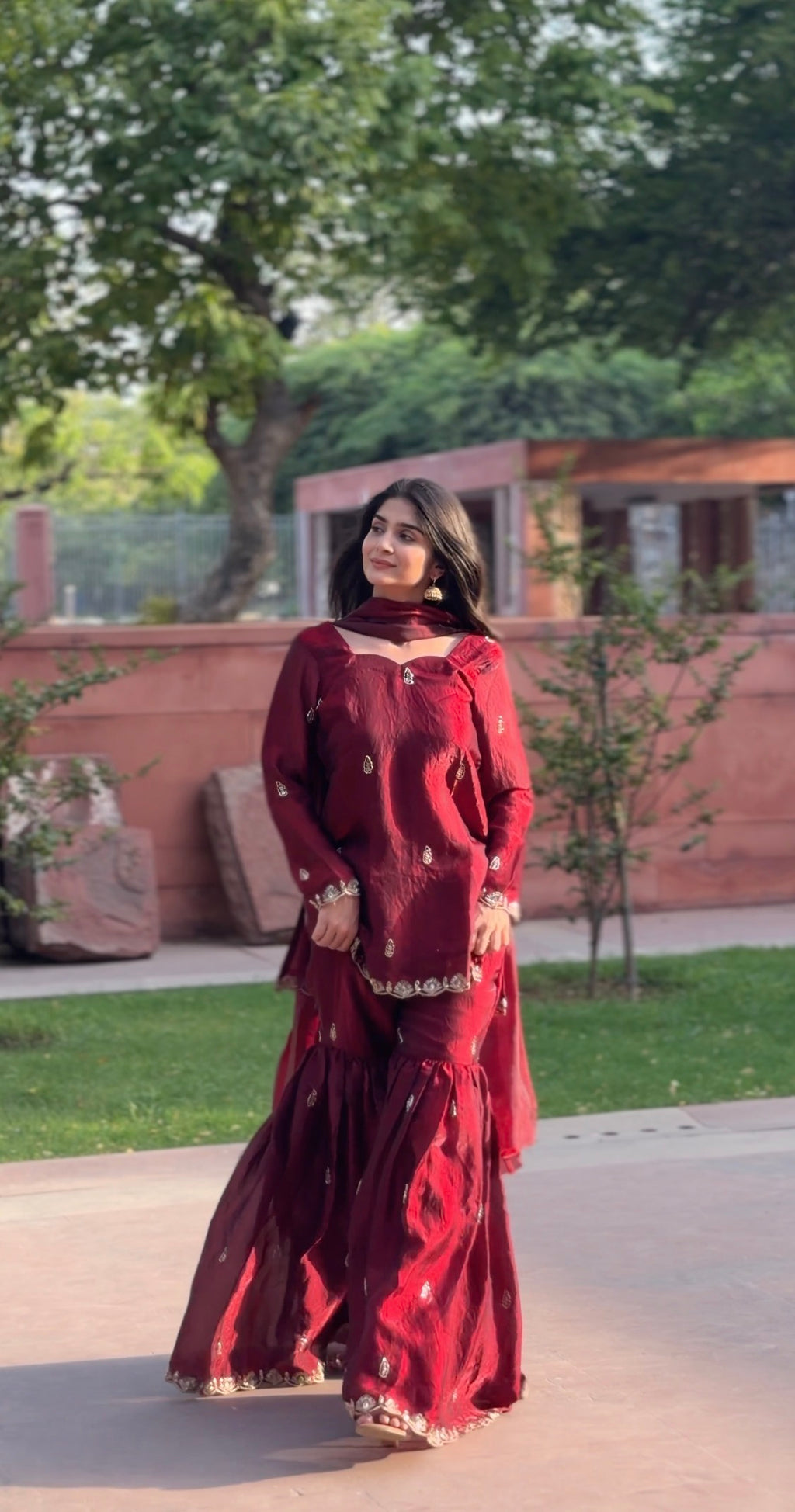 Maroon Fendi 3-Piece Gharara Set with Gold Embroidery & Lace Dupatta