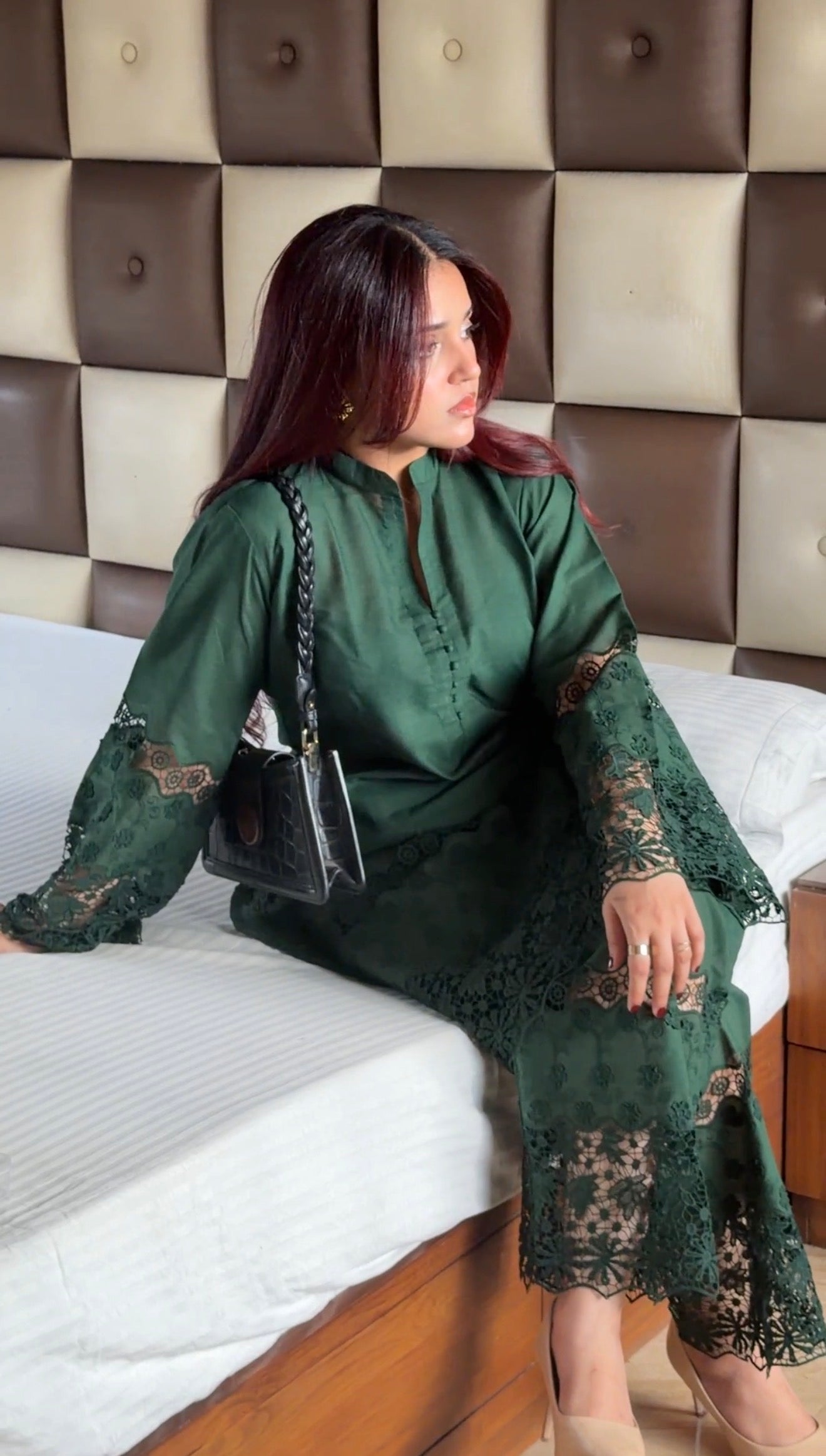 Bottle Green Cotton Chikankari 2-Piece Set with Floral Lace Detail
