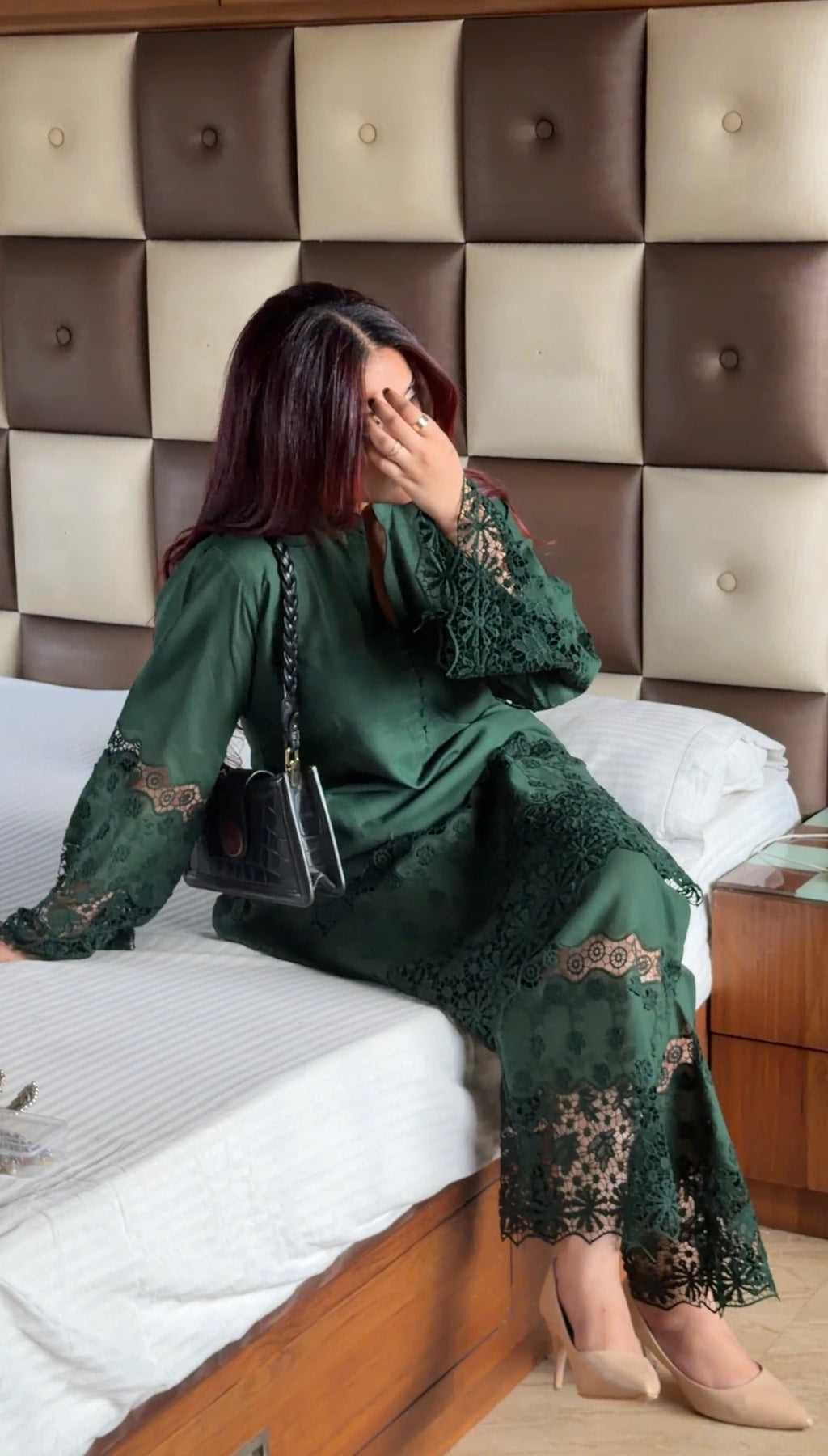 Bottle Green Cotton Chikankari 2-Piece Set with Floral Lace Detail
