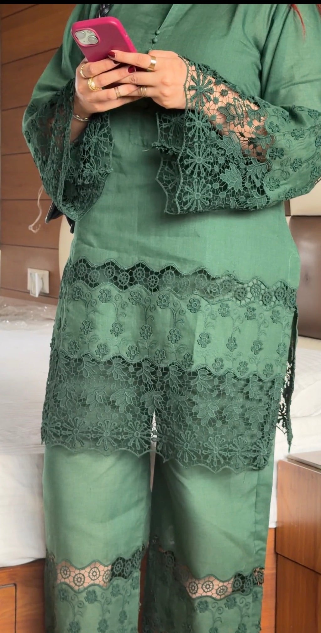 Bottle Green Cotton Chikankari 2-Piece Set with Floral Lace Detail