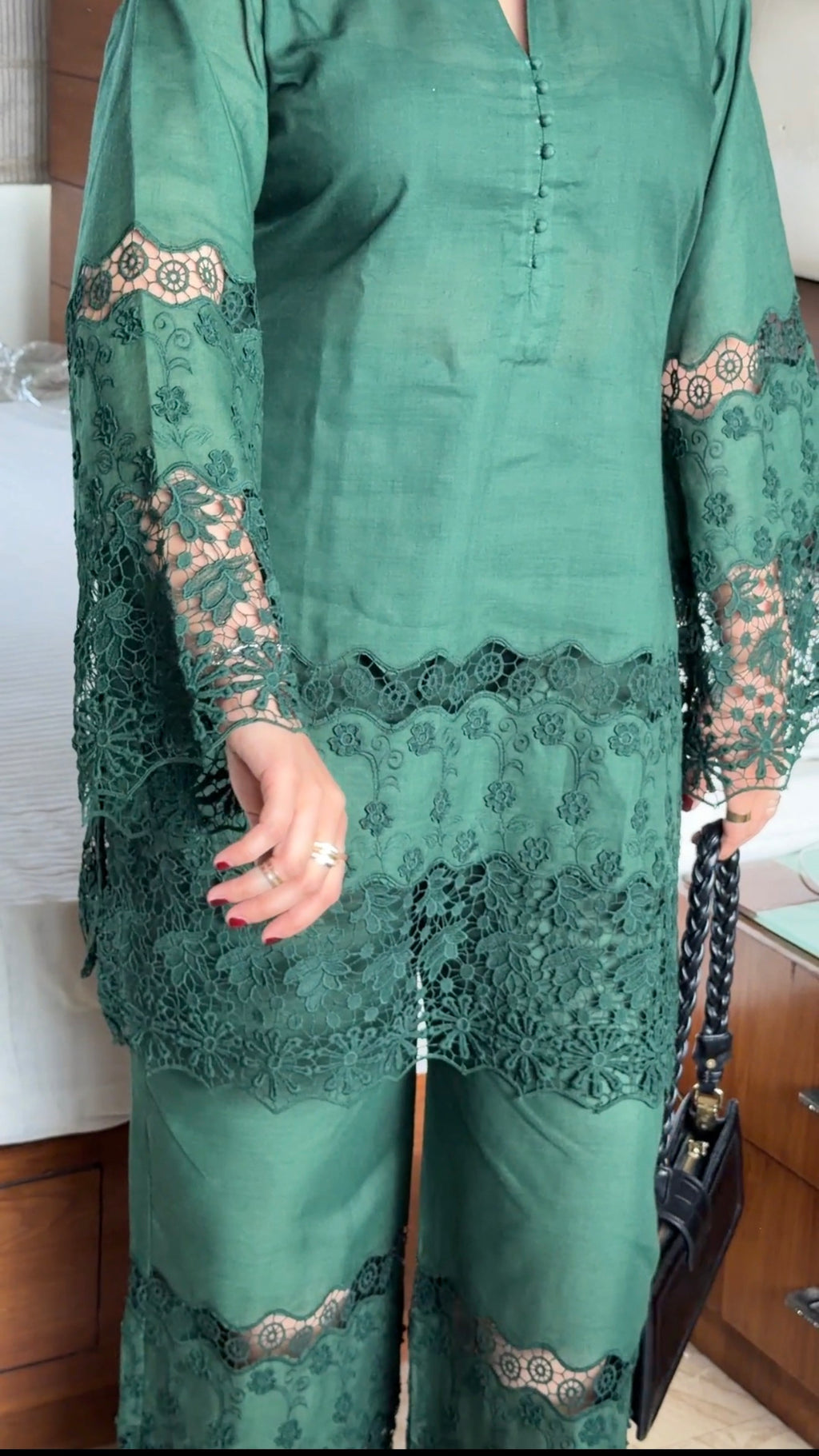 Bottle Green Cotton Chikankari 2-Piece Set with Floral Lace Detail