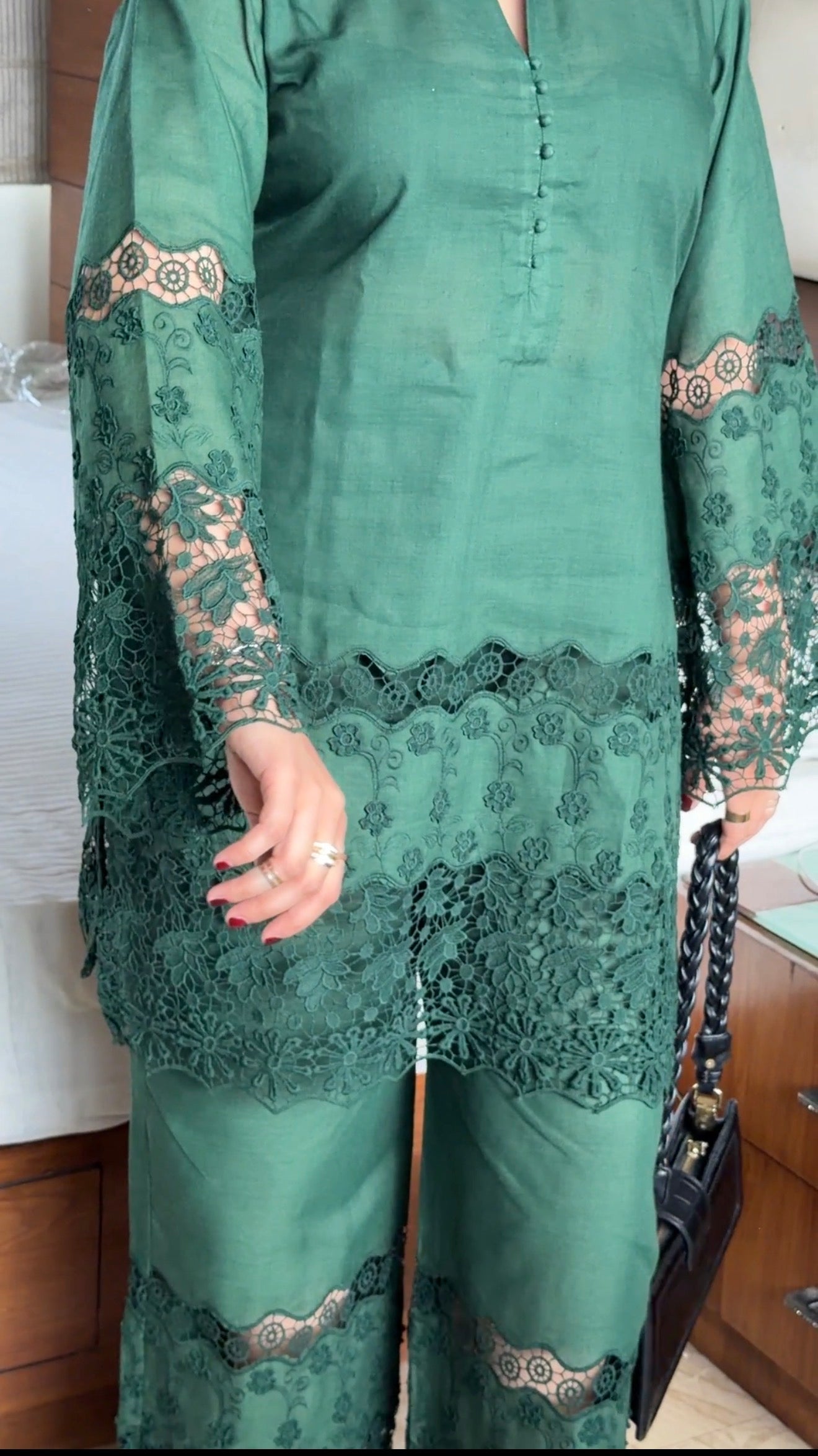 Bottle Green Cotton Chikankari 2-Piece Set with Floral Lace Detail