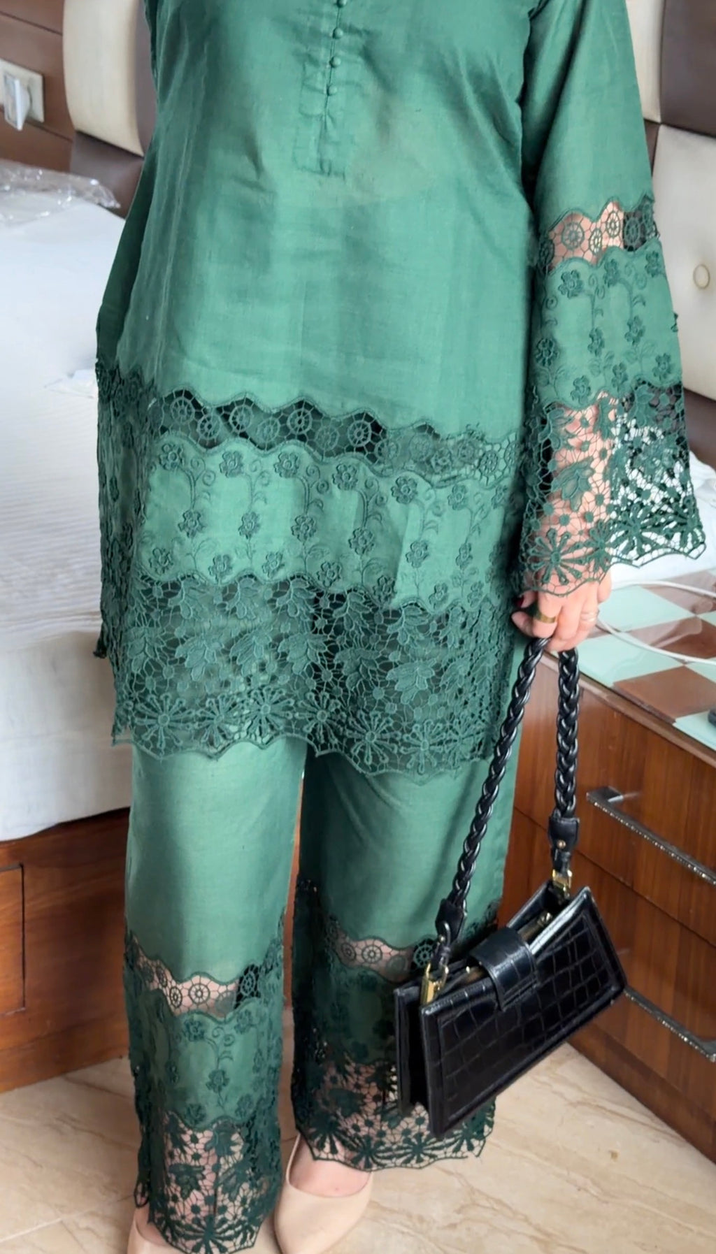 Bottle Green Cotton Chikankari 2-Piece Set with Floral Lace Detail