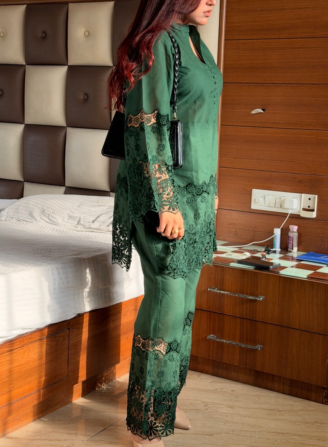 Bottle Green Cotton Chikankari 2-Piece Set with Floral Lace Detail