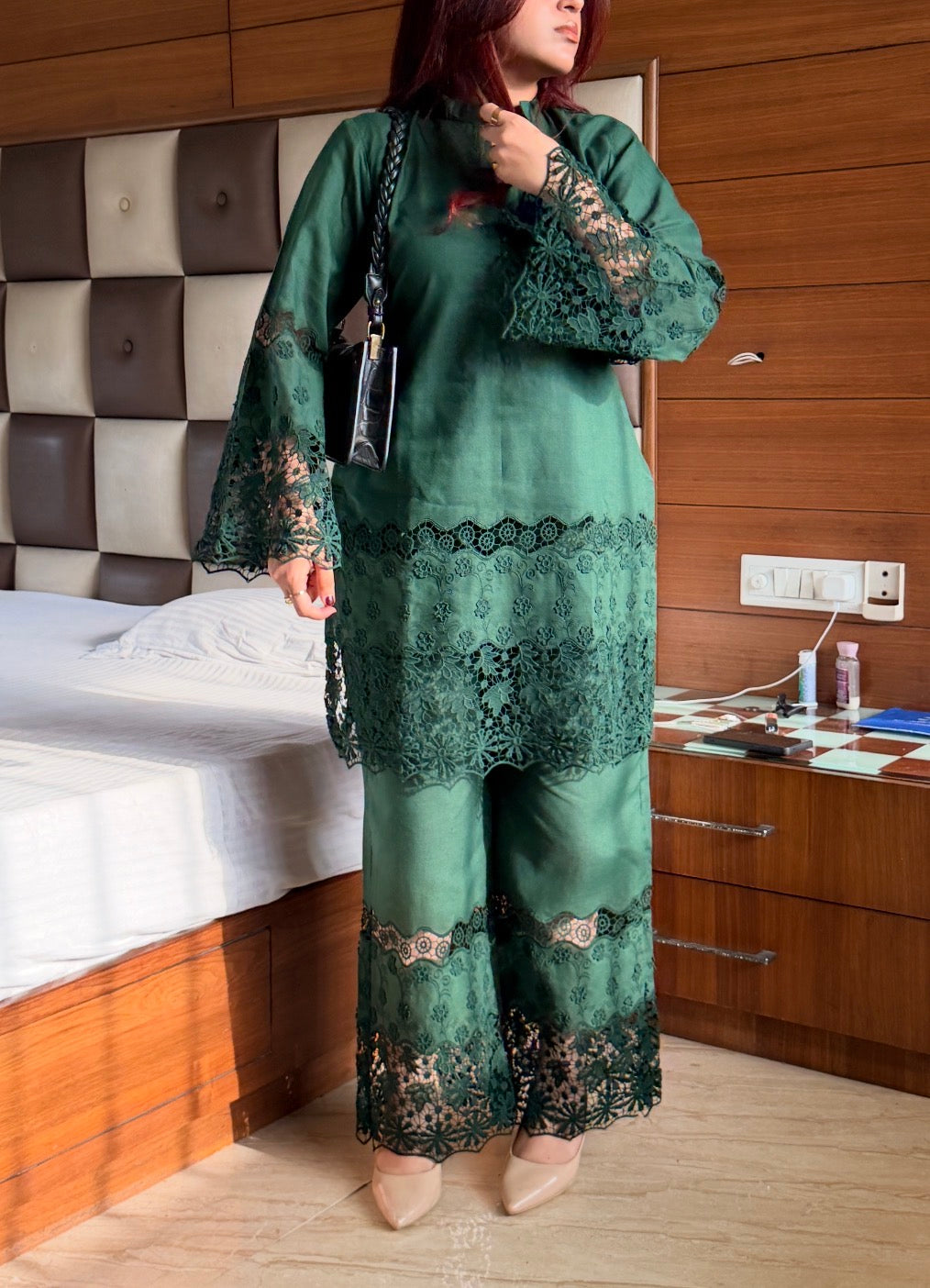 Bottle Green Cotton Chikankari 2-Piece Set with Floral Lace Detail