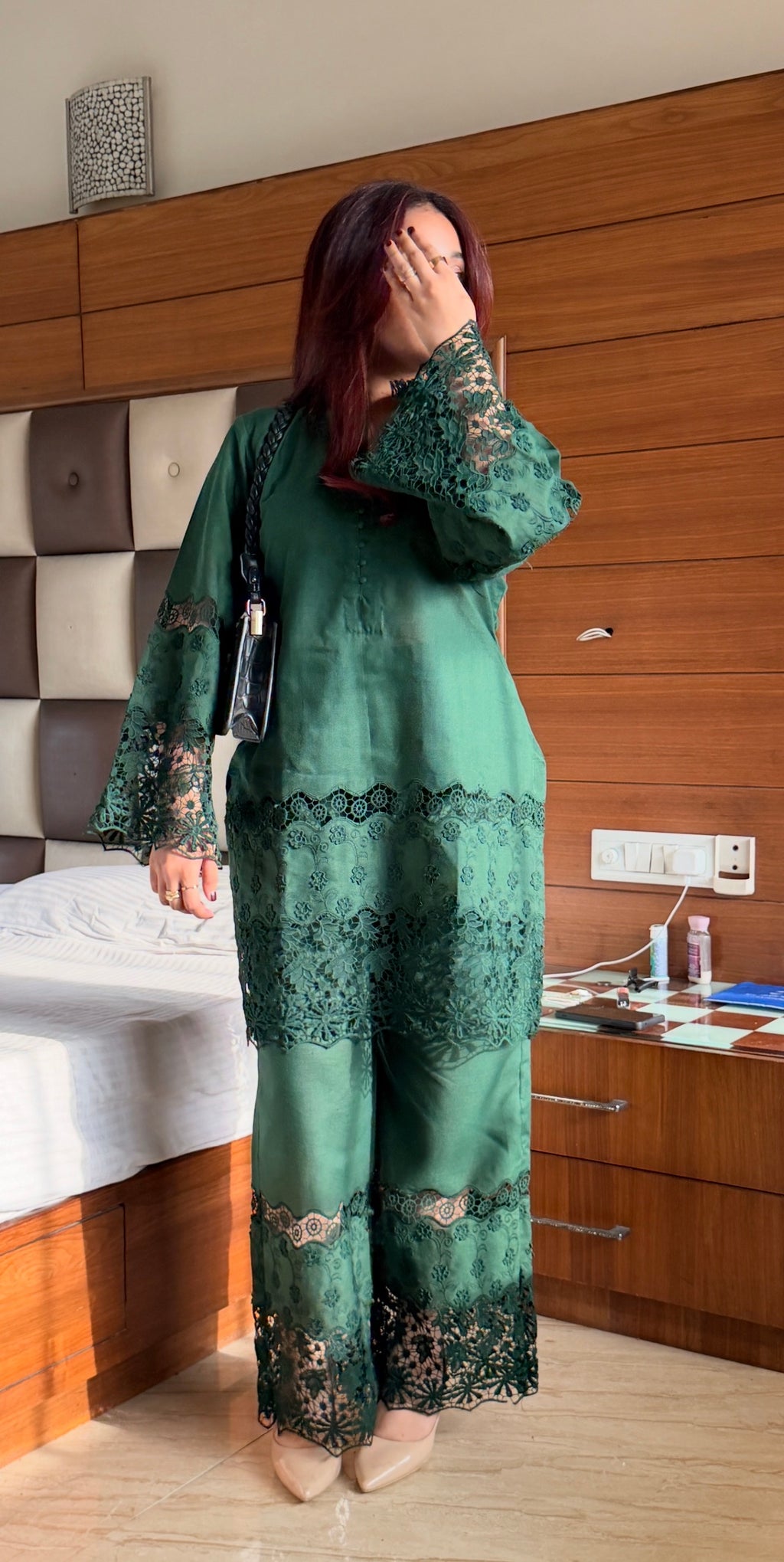 Bottle Green Cotton Chikankari 2-Piece Set with Floral Lace Detail