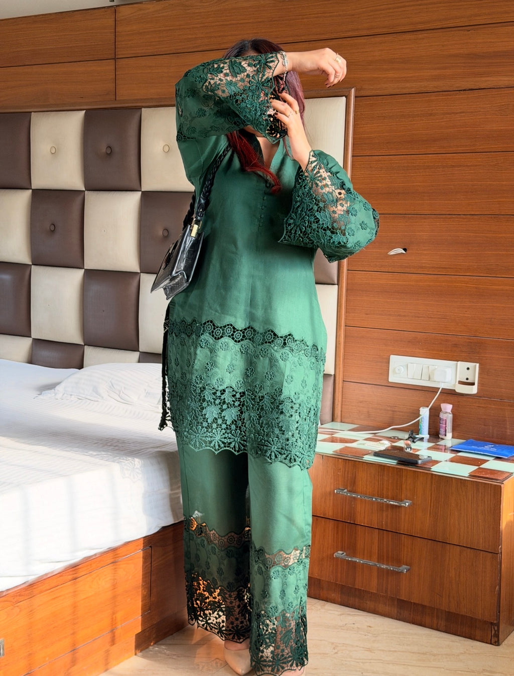 Bottle Green Cotton Chikankari 2-Piece Set with Floral Lace Detail