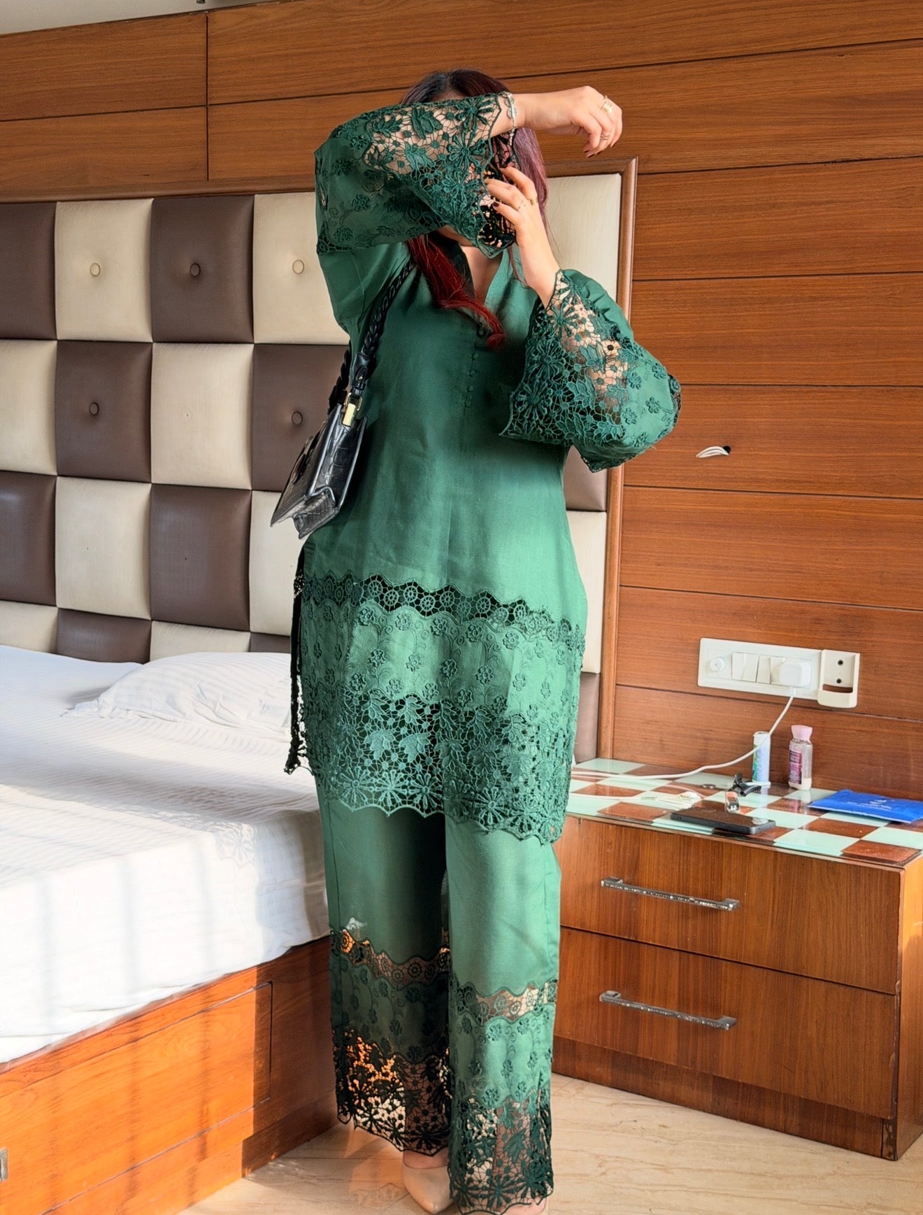 Bottle Green Cotton Chikankari 2-Piece Set with Floral Lace Detail