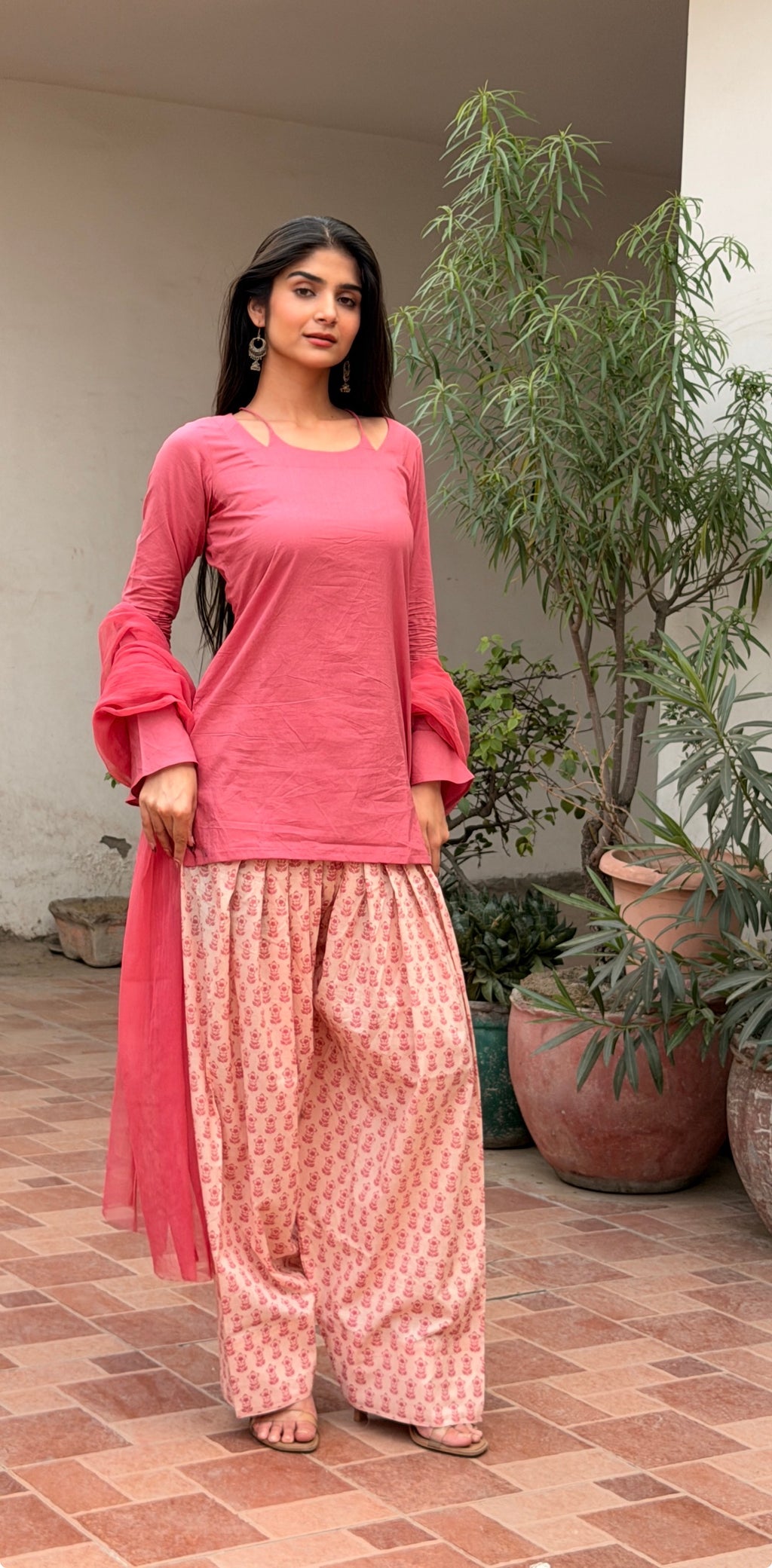 Rose Pink Cotton Kurta with Floral Farshi Shalwar & Chiffon Dupatta