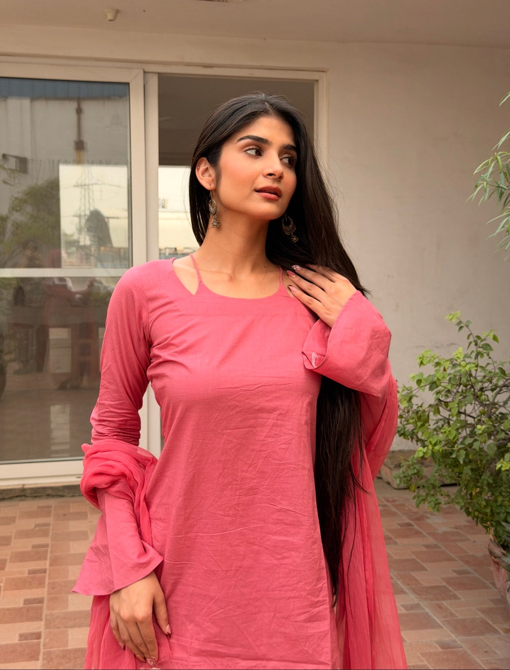 Rose Pink Cotton Kurta with Floral Farshi Shalwar & Chiffon Dupatta