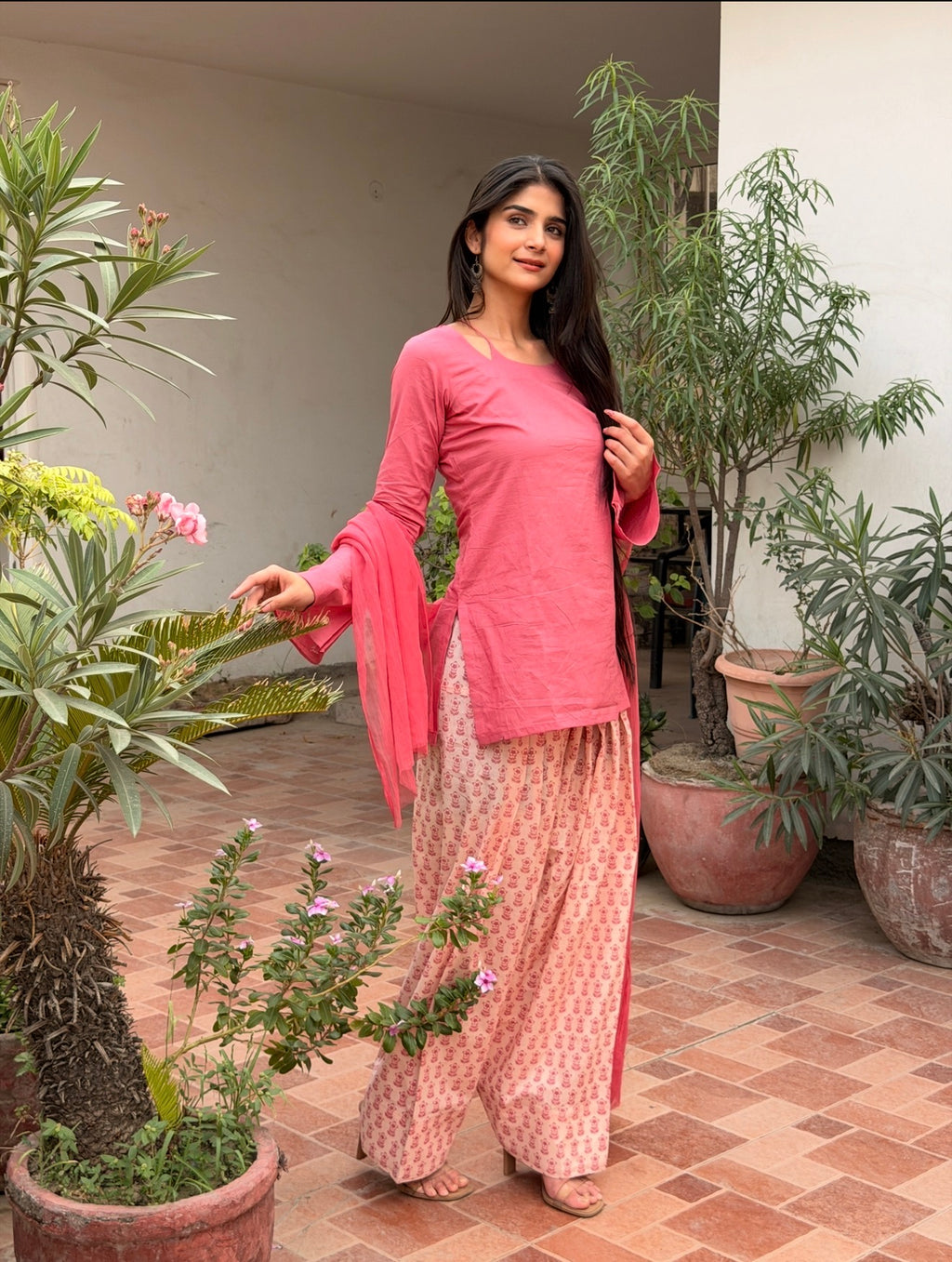Rose Pink Cotton Kurta with Floral Farshi Shalwar & Chiffon Dupatta