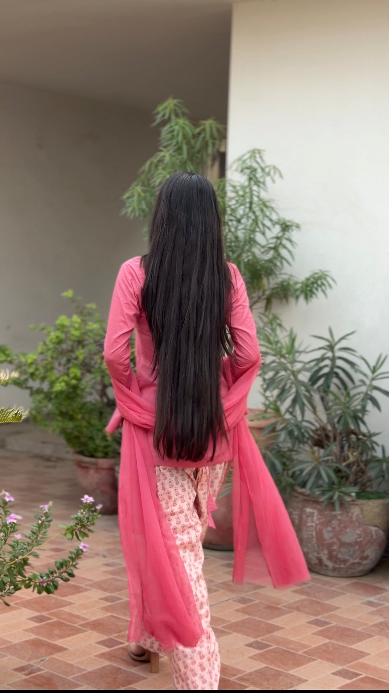 Rose Pink Cotton Kurta with Floral Farshi Shalwar & Chiffon Dupatta