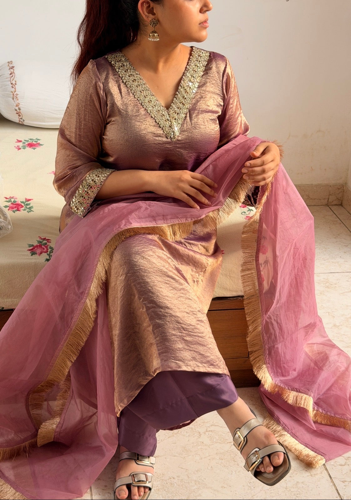 Dusty Pink Mauve Fendi A-Line 3-Piece Suit Set with Mirror Work & Organza Dupatta