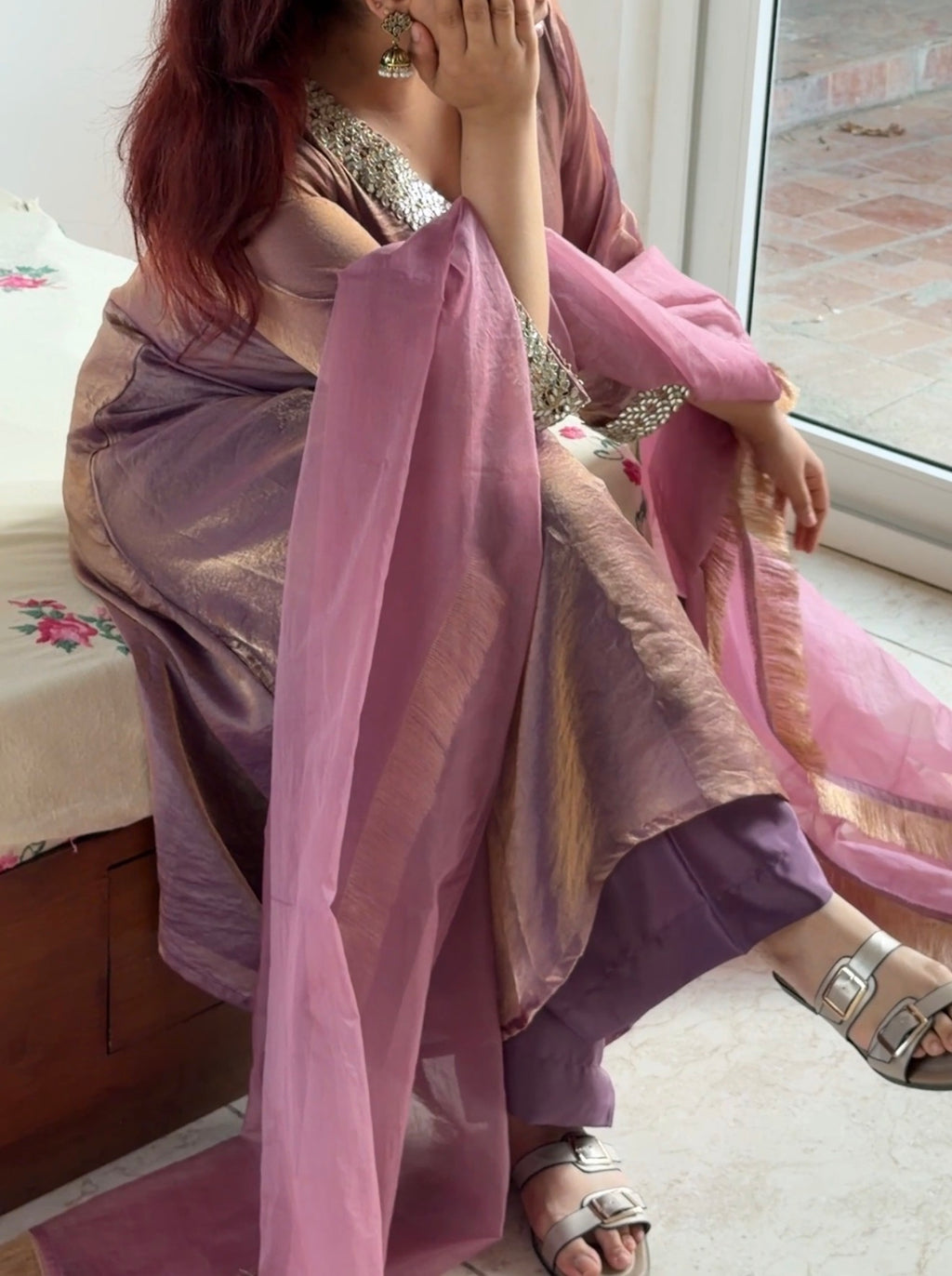 Dusty Pink Mauve Fendi A-Line 3-Piece Suit Set with Mirror Work & Organza Dupatta
