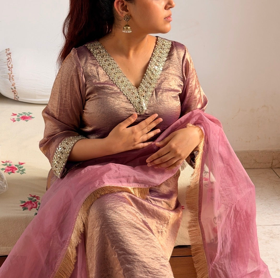 Dusty Pink Mauve Fendi A-Line 3-Piece Suit Set with Mirror Work & Organza Dupatta