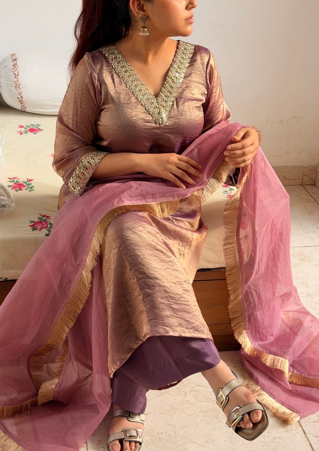 Dusty Pink Mauve Fendi A-Line 3-Piece Suit Set with Mirror Work & Organza Dupatta