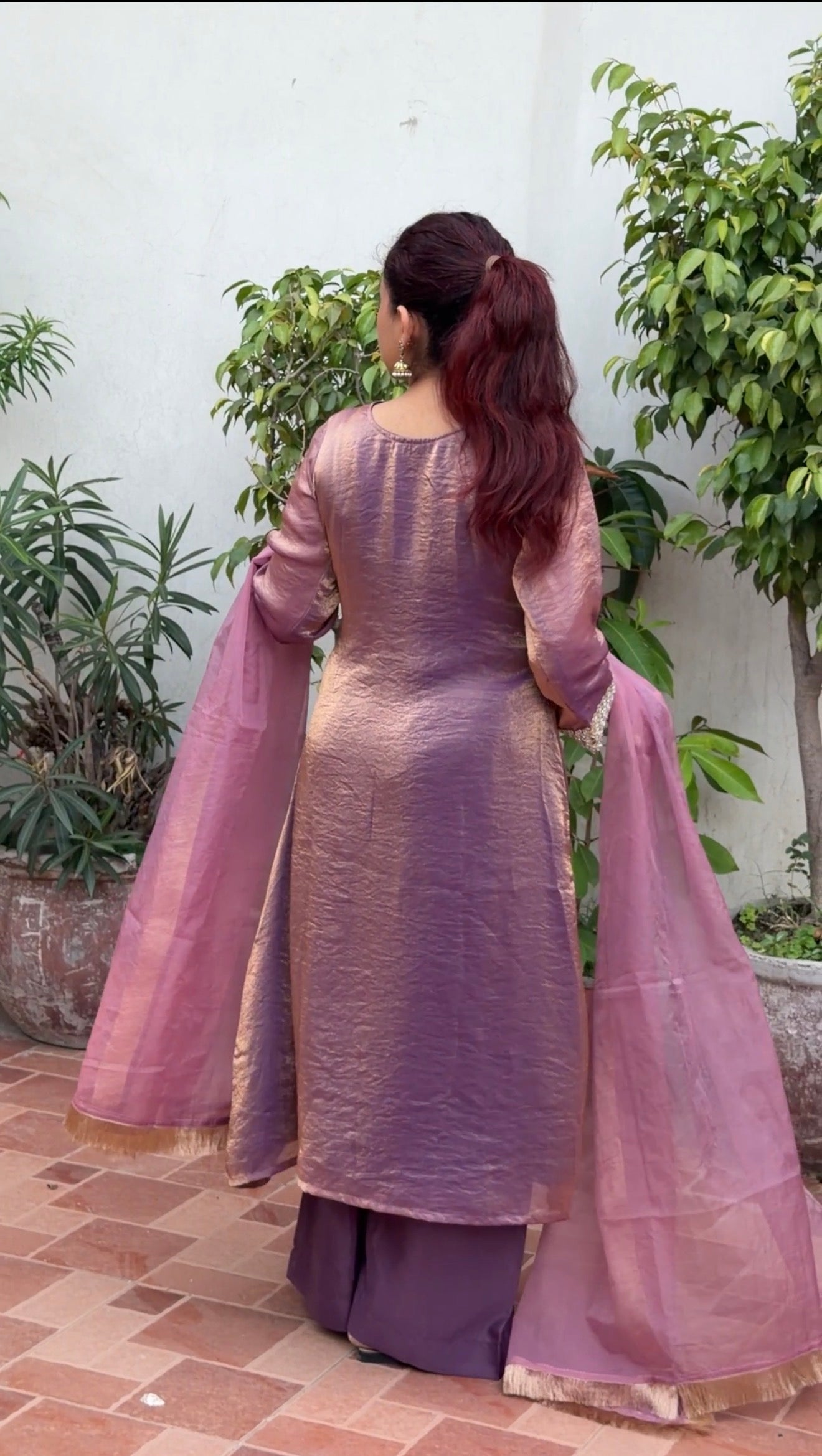 Dusty Pink Mauve Fendi A-Line 3-Piece Suit Set with Mirror Work & Organza Dupatta