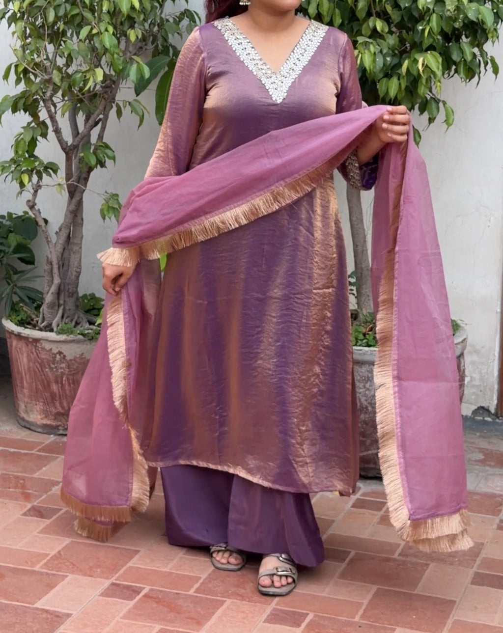Dusty Pink Mauve Fendi A-Line 3-Piece Suit Set with Mirror Work & Organza Dupatta