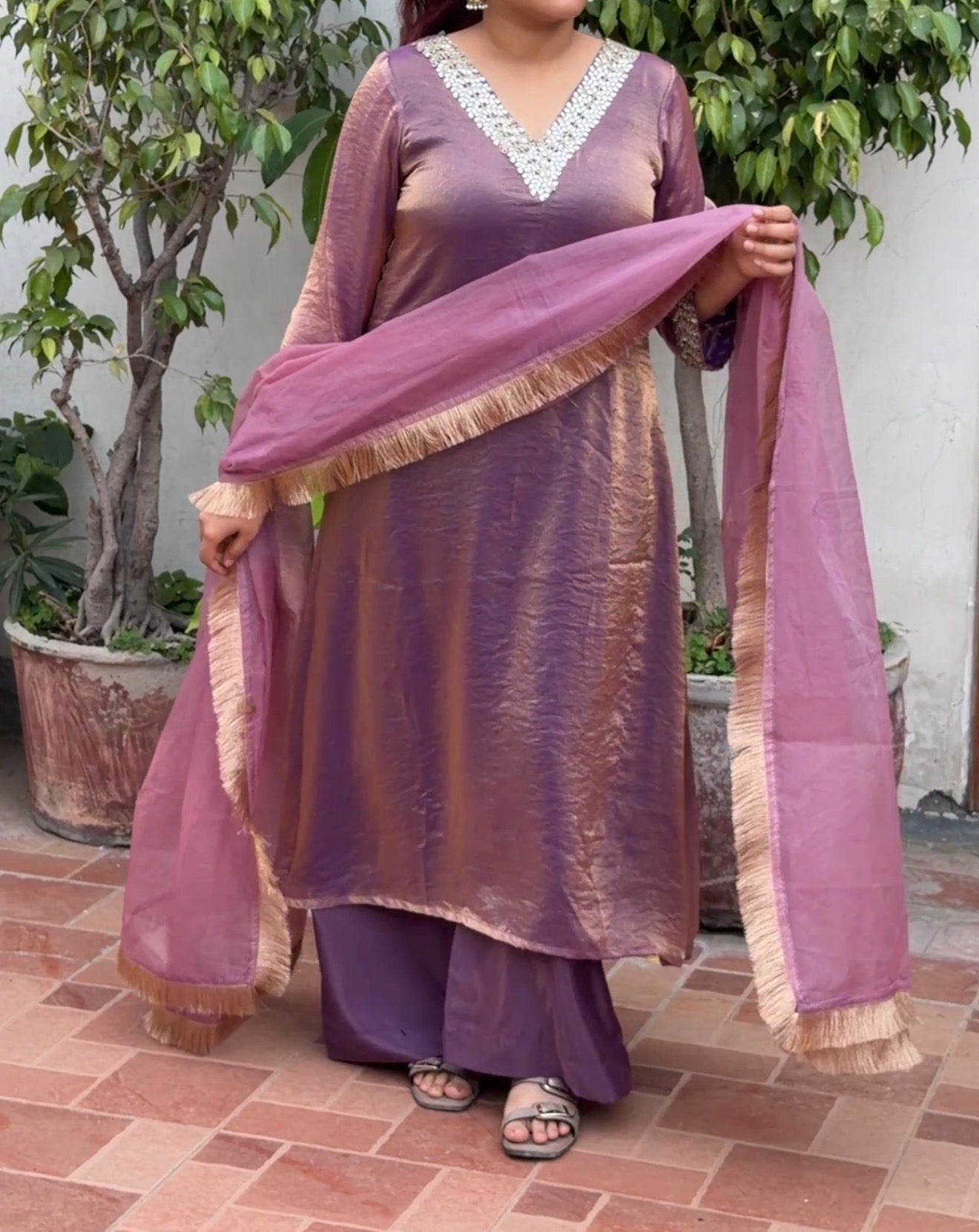 Dusty Pink Mauve Fendi A-Line 3-Piece Suit Set with Mirror Work & Organza Dupatta