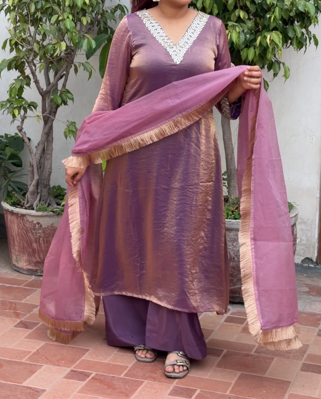 Dusty Pink Mauve Fendi A-Line 3-Piece Suit Set with Mirror Work & Organza Dupatta