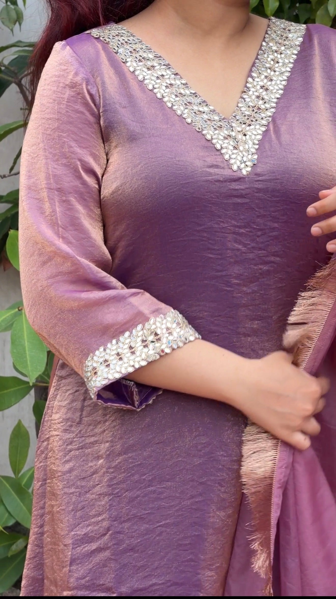 Dusty Pink Mauve Fendi A-Line 3-Piece Suit Set with Mirror Work & Organza Dupatta