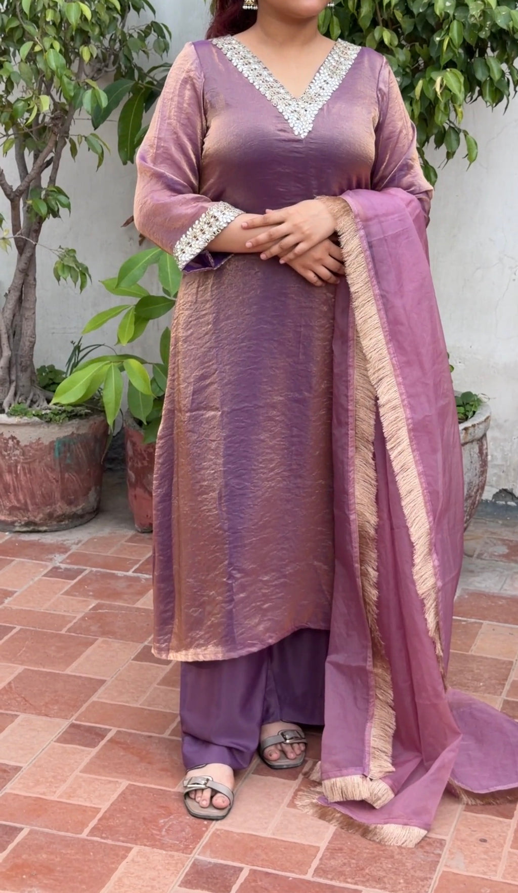 Dusty Pink Mauve Fendi A-Line 3-Piece Suit Set with Mirror Work & Organza Dupatta