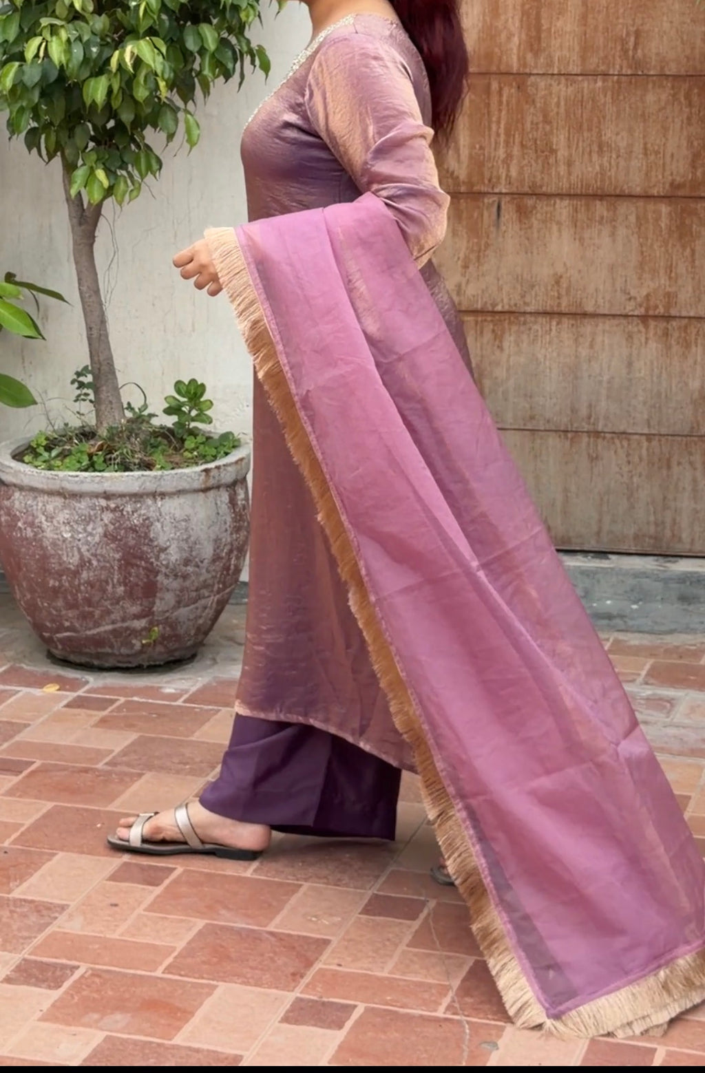Dusty Pink Mauve Fendi A-Line 3-Piece Suit Set with Mirror Work & Organza Dupatta