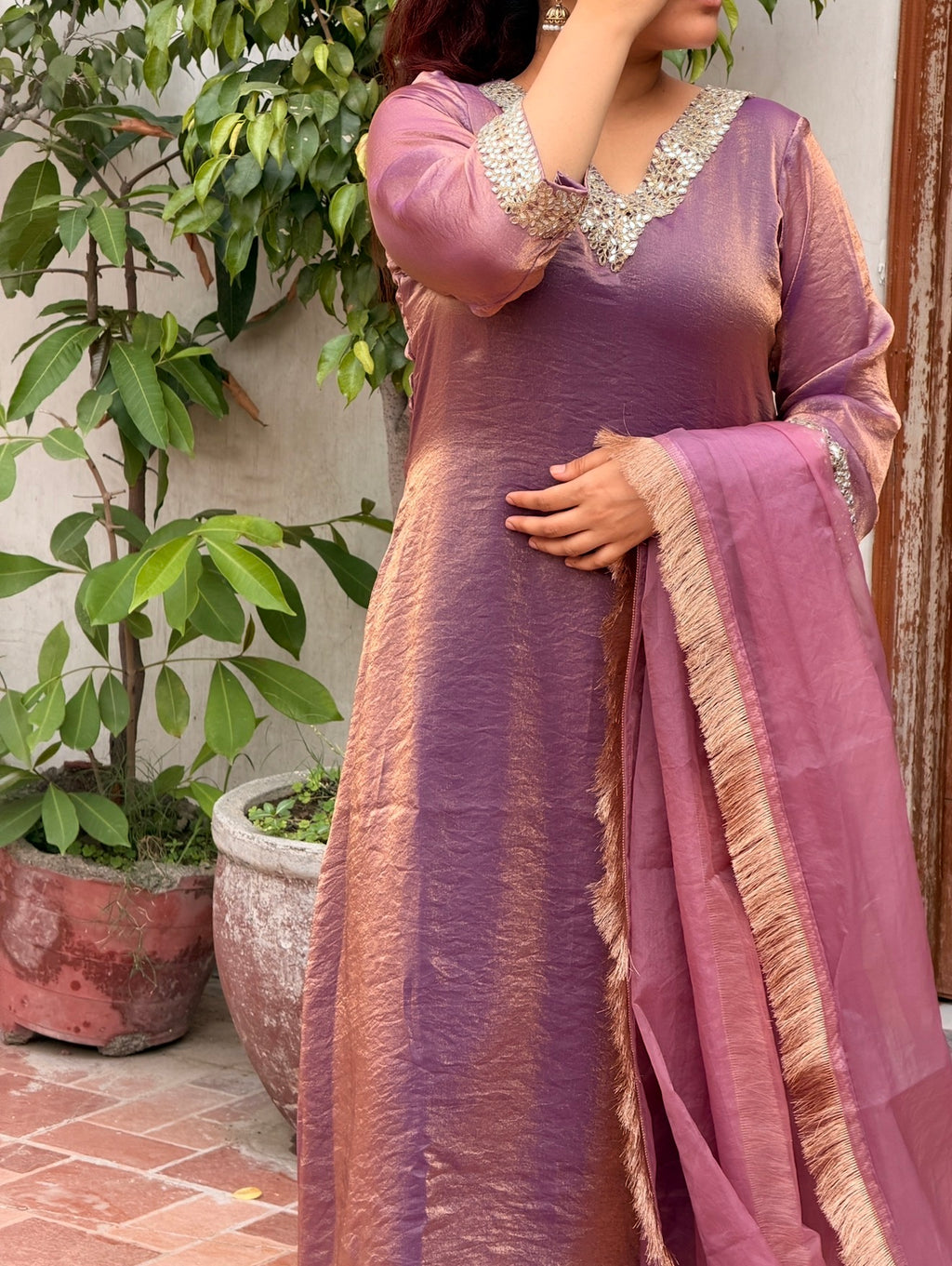Dusty Pink Mauve Fendi A-Line 3-Piece Suit Set with Mirror Work & Organza Dupatta