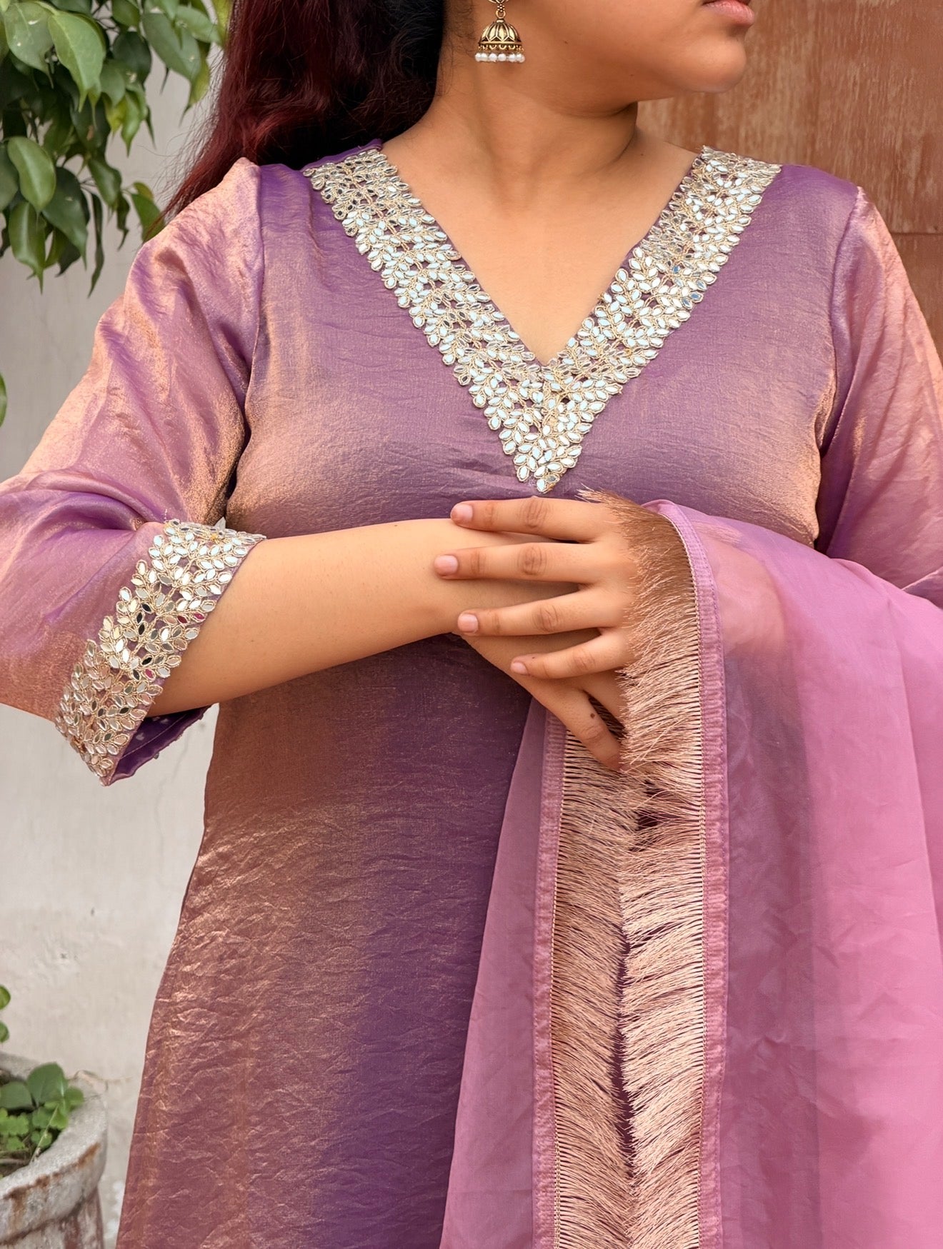 Dusty Pink Mauve Fendi A-Line 3-Piece Suit Set with Mirror Work & Organza Dupatta