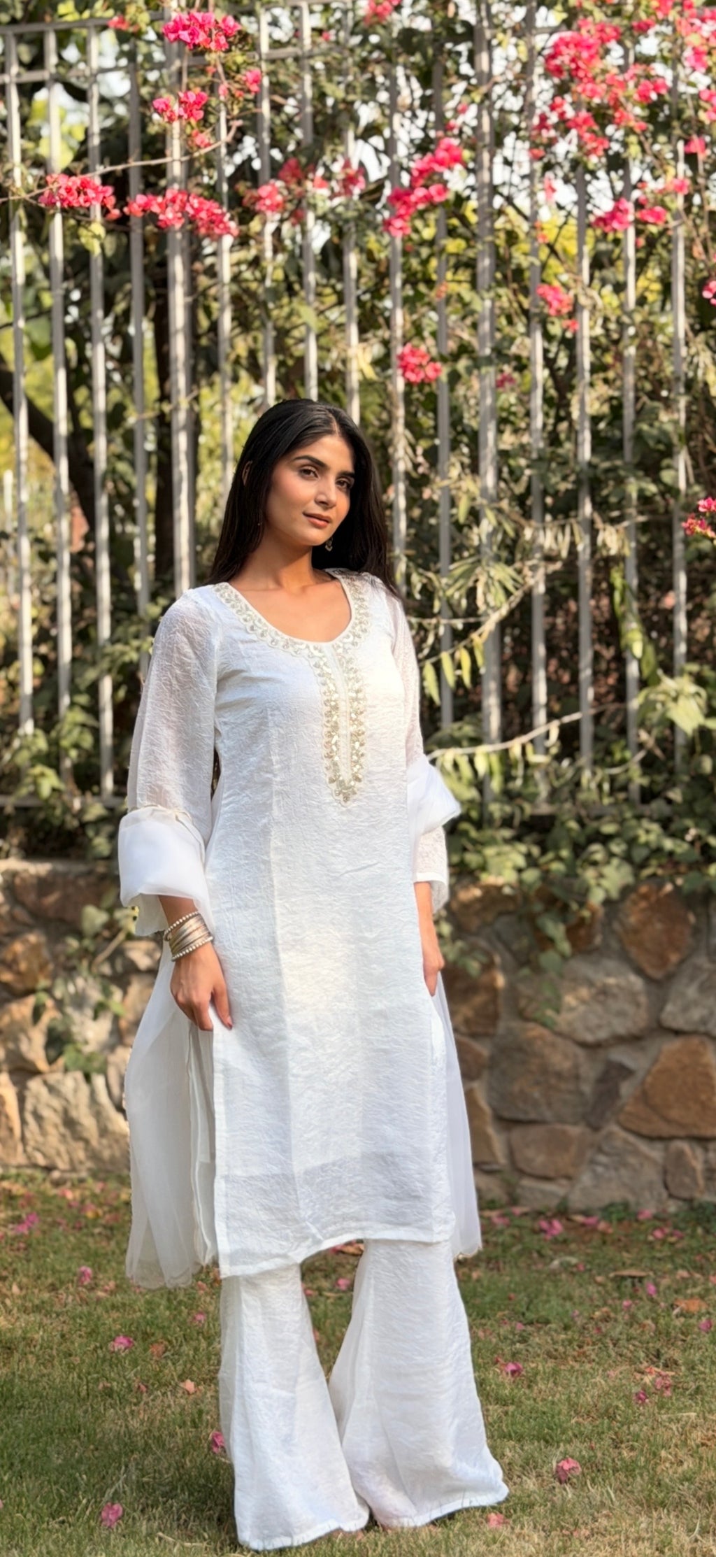Pearl White Crushed Rangoli 3-Piece Suit Set with Pearl Embroidery & Kangoora Tissue Dupatta
