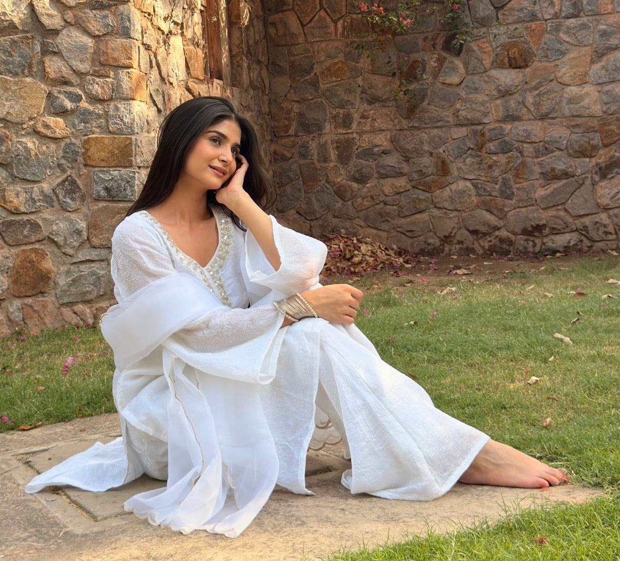 Pearl White Crushed Rangoli 3-Piece Suit Set with Pearl Embroidery & Kangoora Tissue Dupatta