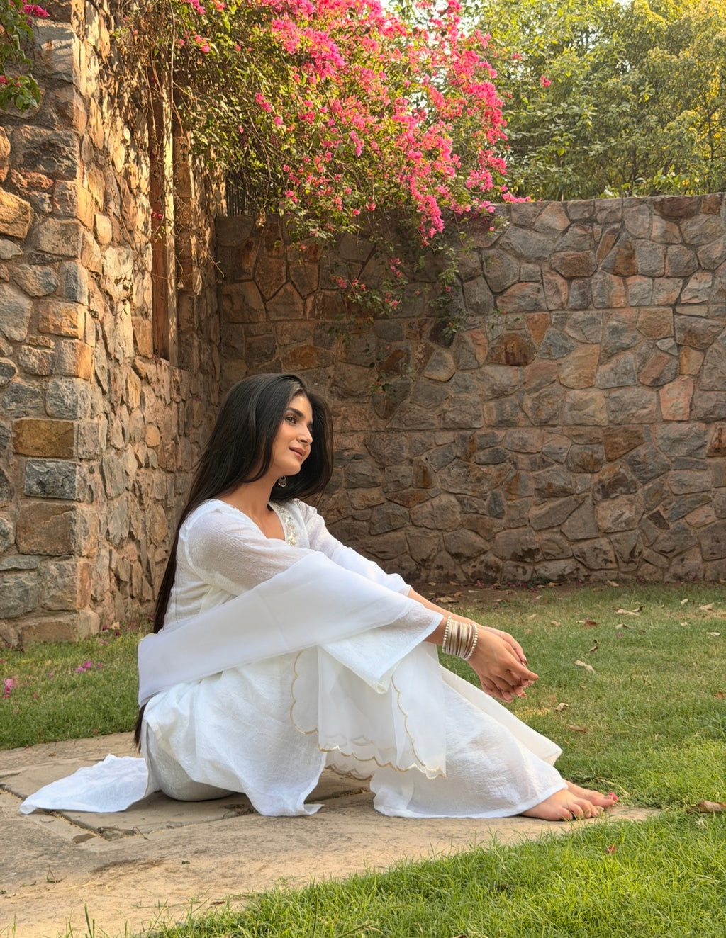 Pearl White Crushed Rangoli 3-Piece Suit Set with Pearl Embroidery & Kangoora Tissue Dupatta
