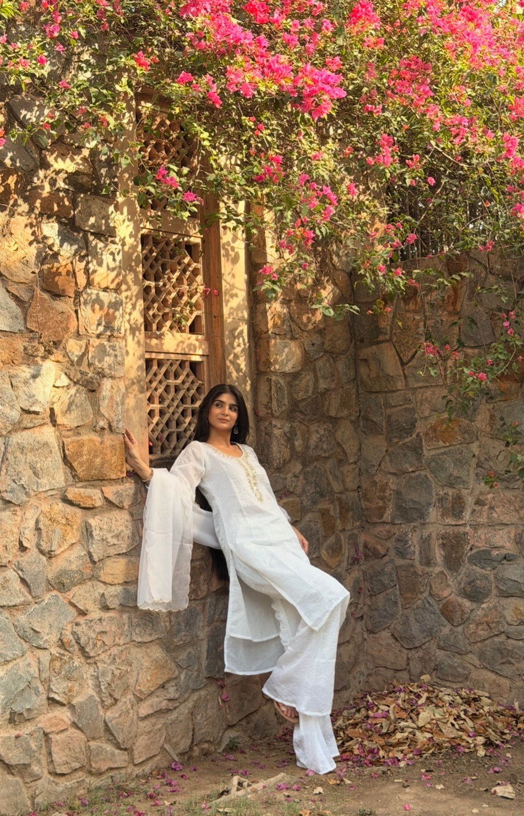 Pearl White Crushed Rangoli 3-Piece Suit Set with Pearl Embroidery & Kangoora Tissue Dupatta