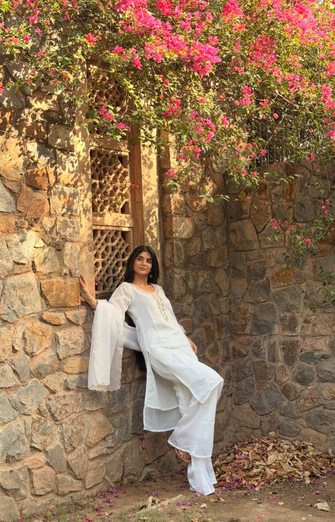 Pearl White Crushed Rangoli 3-Piece Suit Set with Pearl Embroidery & Kangoora Tissue Dupatta