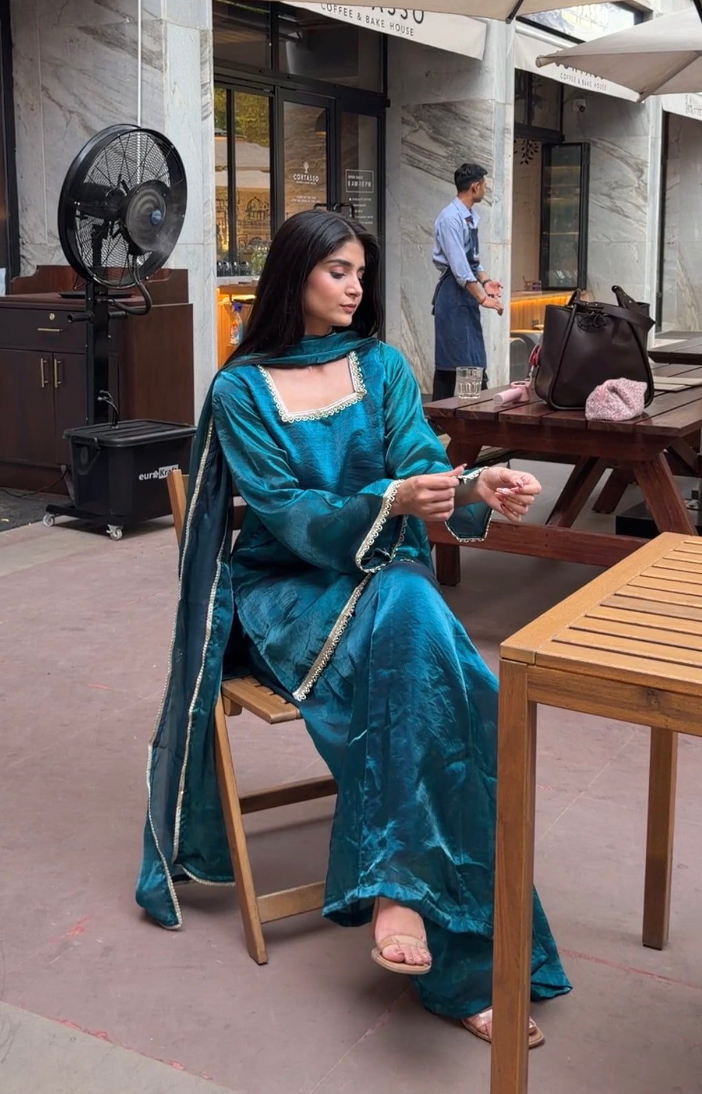 Peacock Teal Fendi 3-Piece Sharara Set with Silver Lace Detail & Soft Dupatta